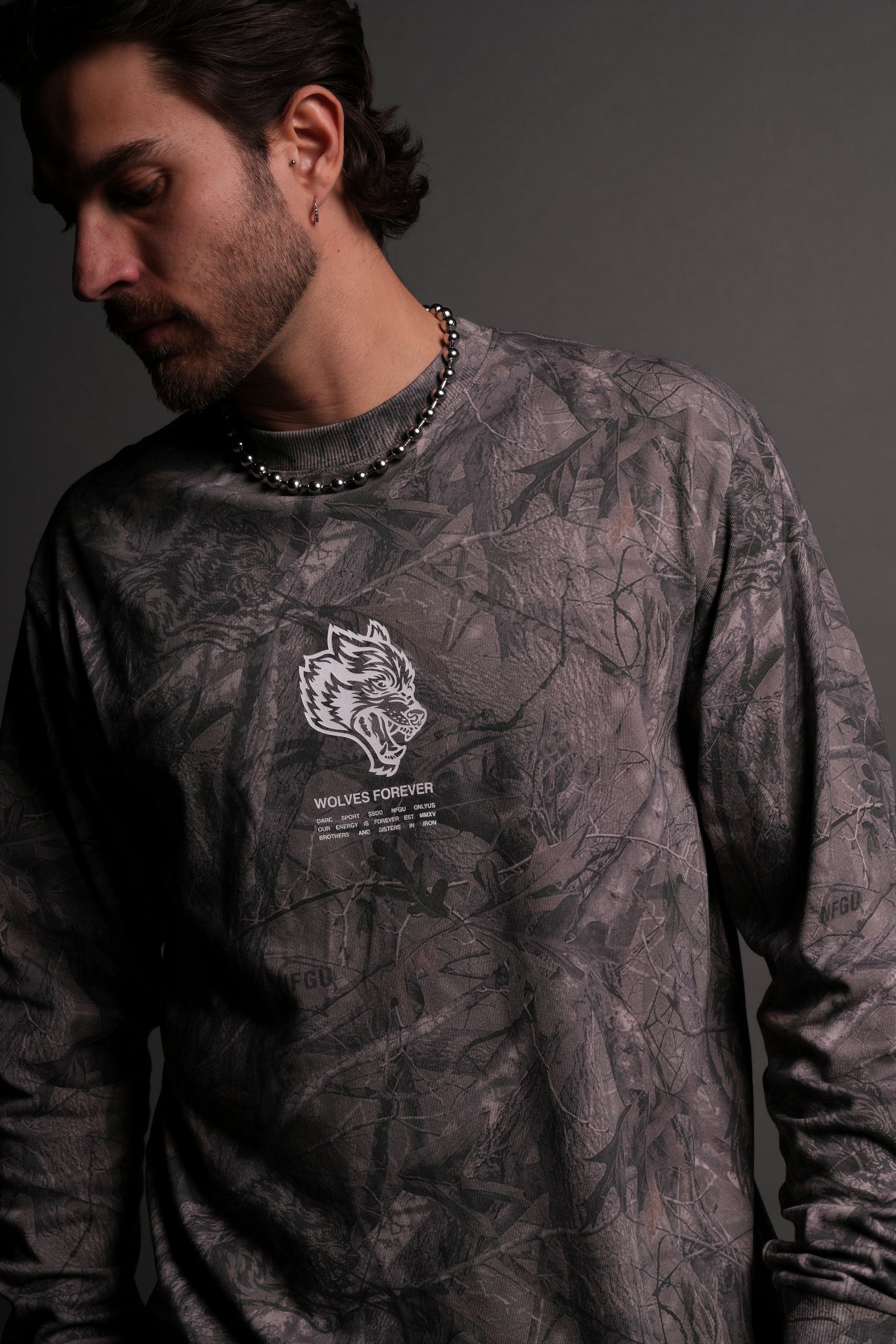 Wolves Have Your Back "Premium" L/S Tee in Driftwood Wolf Forest Camo