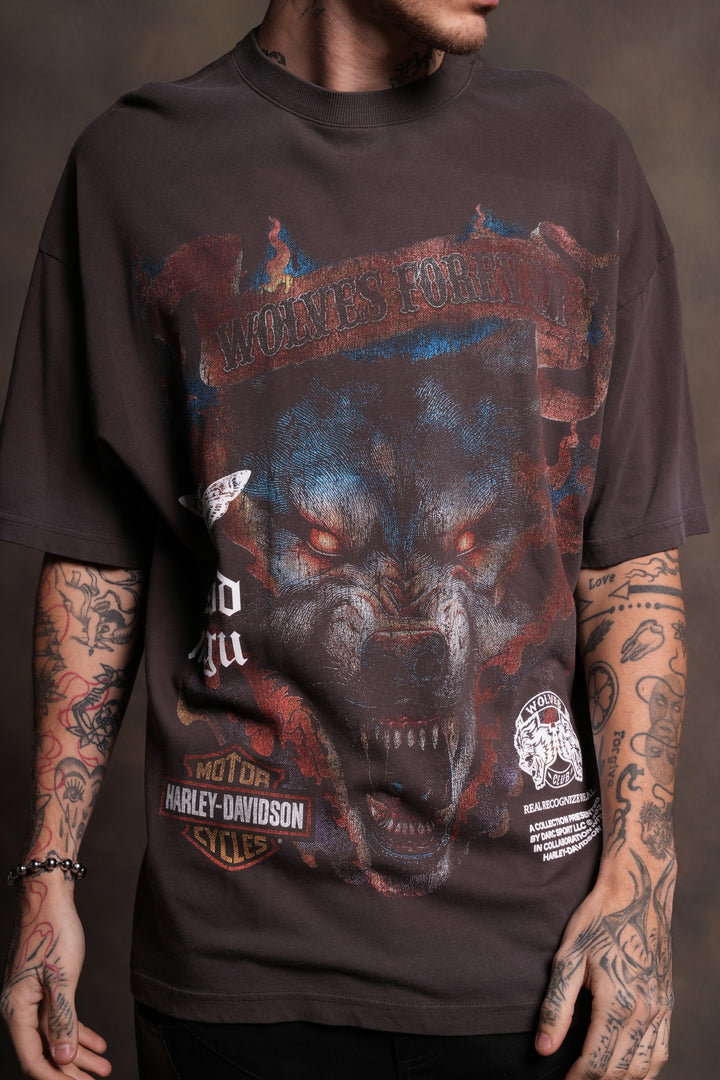 Inferno Wolf "Premium" Oversized Tee in Darc Brown Drift Wash