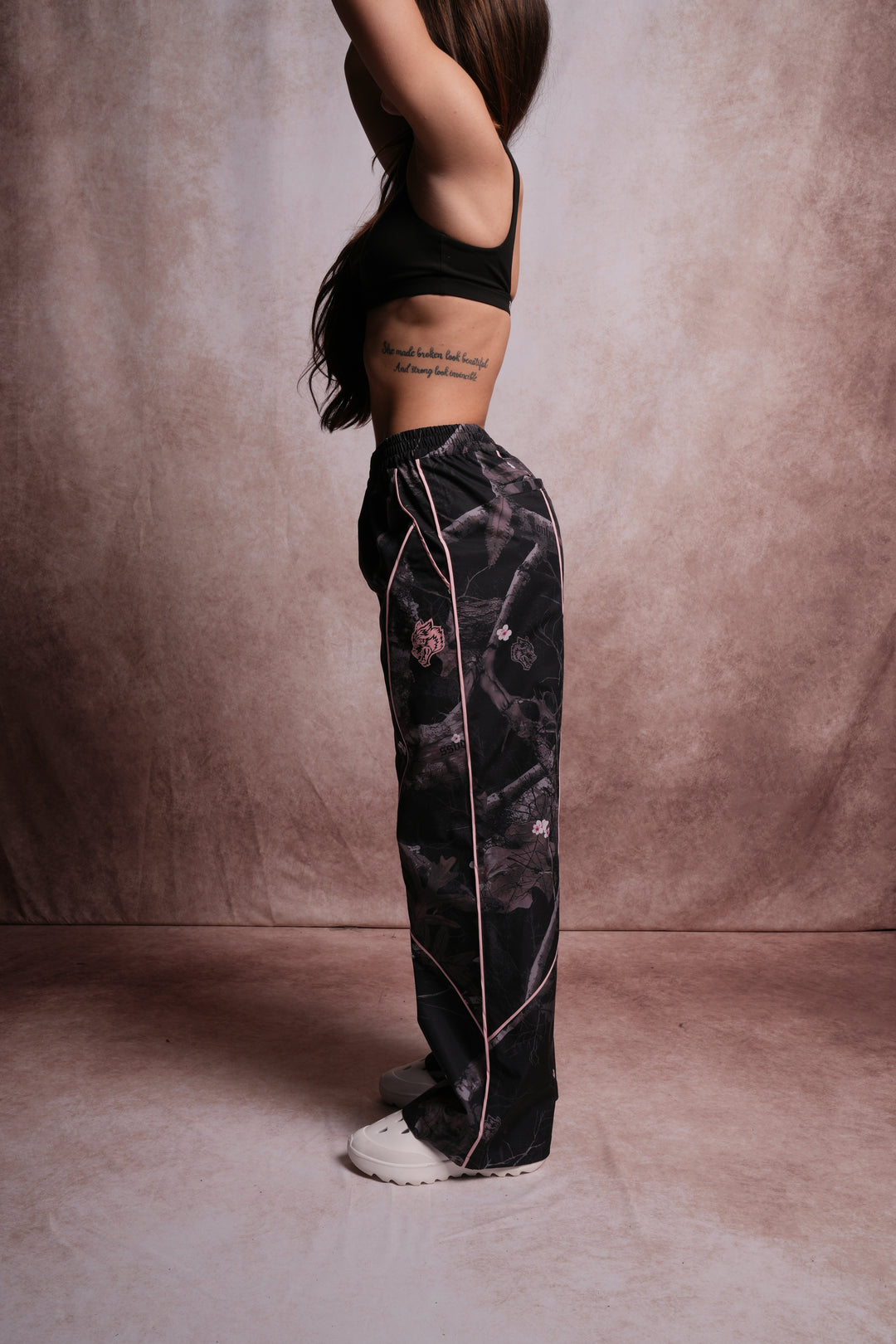 Dual Wolf Quinn Track Pants in Darc Blossom Woodland Camo/Cherry Blossom