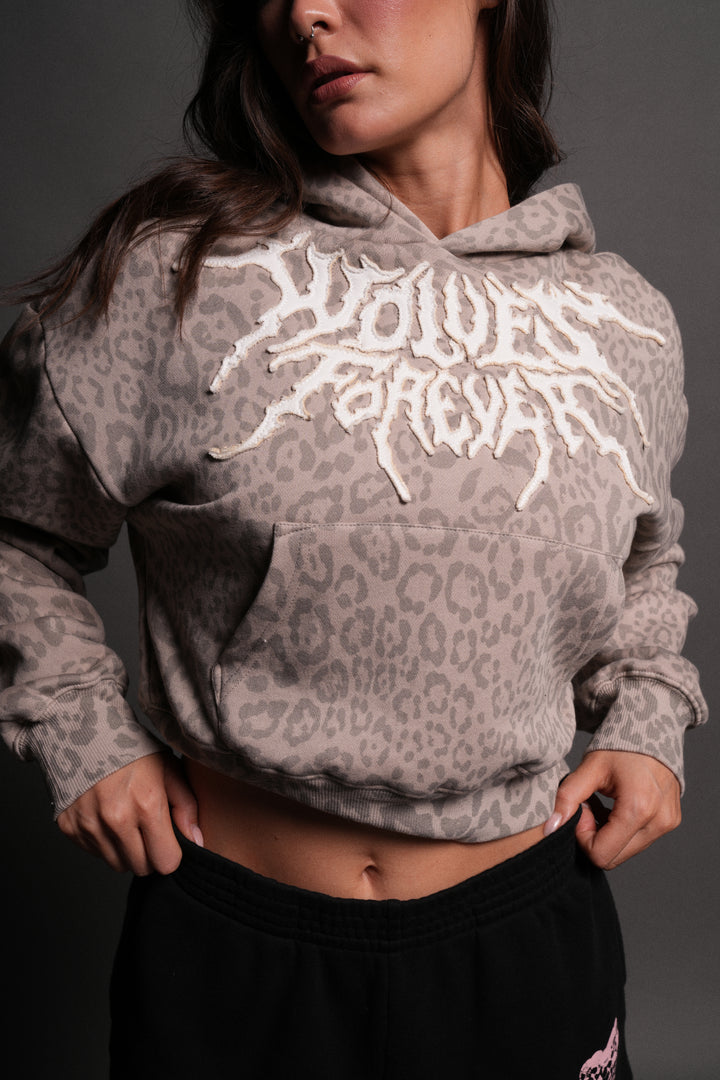 Forged From Iron Applique Owen Cropped Hoodie in Clay Leopard
