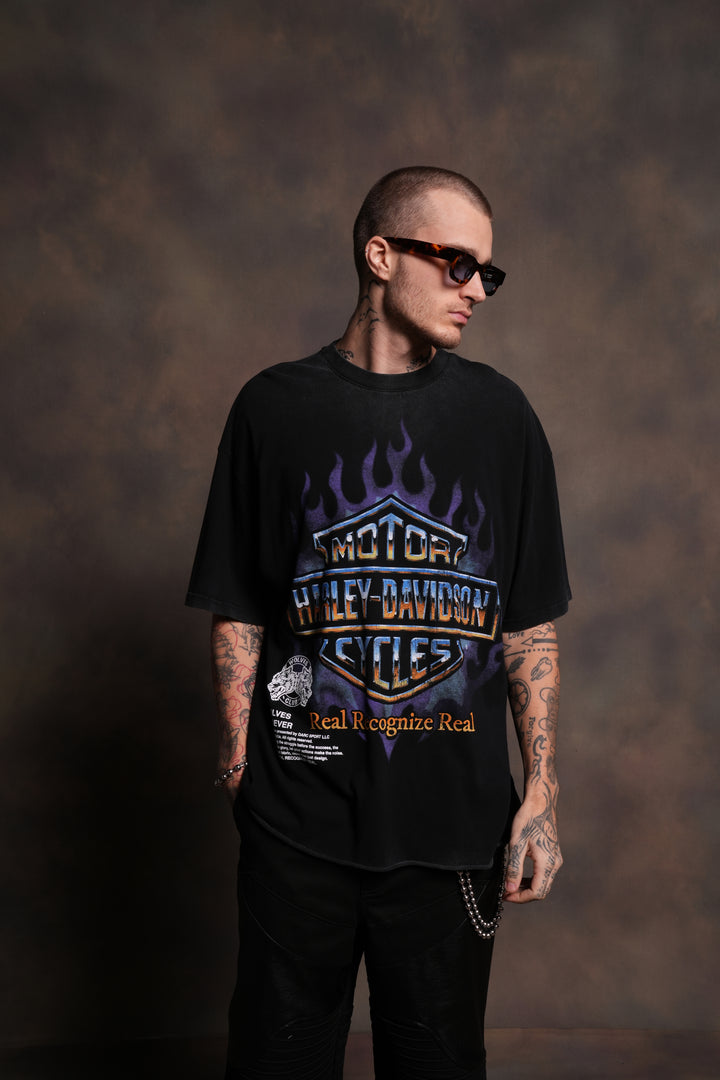 Iron Fire Raw Hem "Premium" Oversized Tee in Black