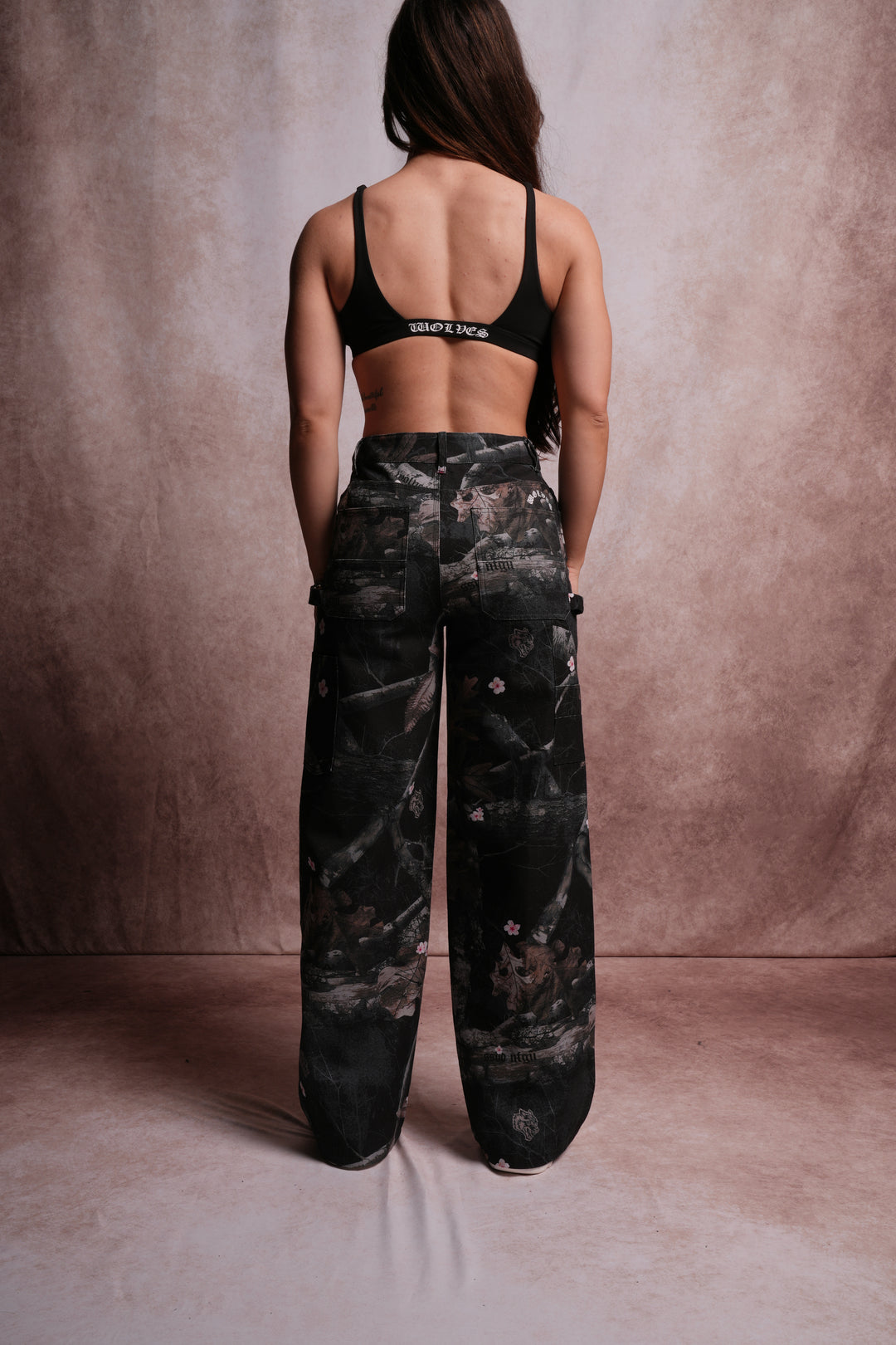 Wolf Chopper Wide Leg Carpenter Pants in Darc Blossom Woodland Camo