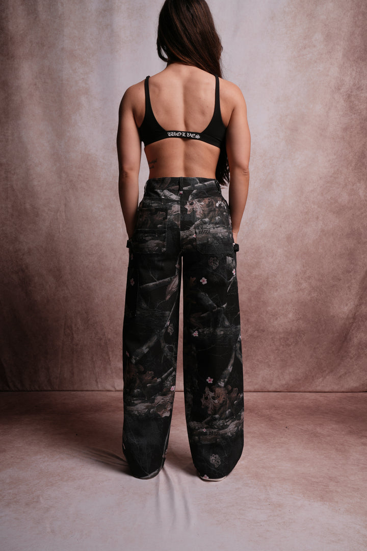 Wolf Chopper Wide Leg Carpenter Pants in Darc Blossom Woodland Camo
