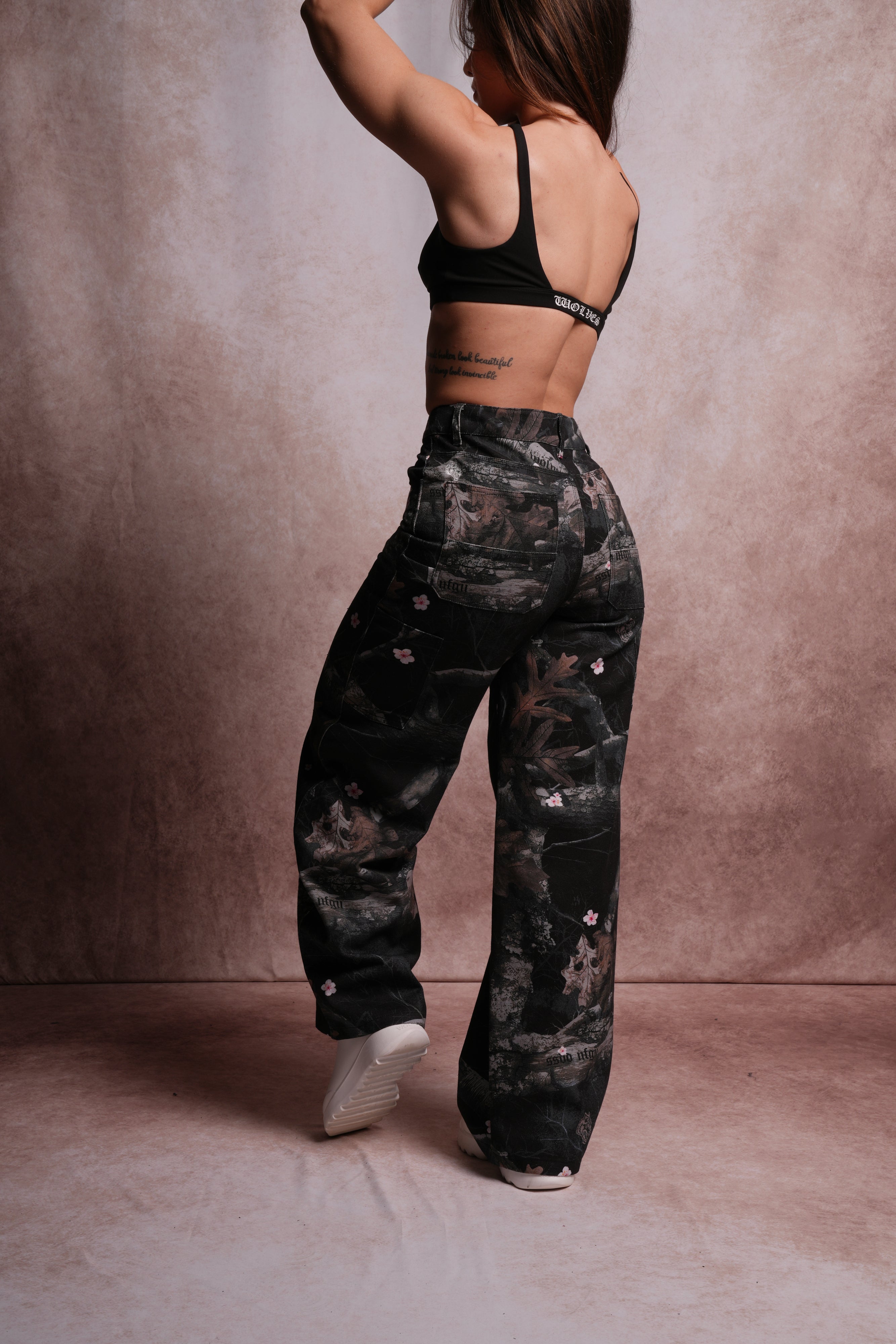Wolf Chopper Wide Leg Carpenter Pants in Darc Blossom Woodland Camo
