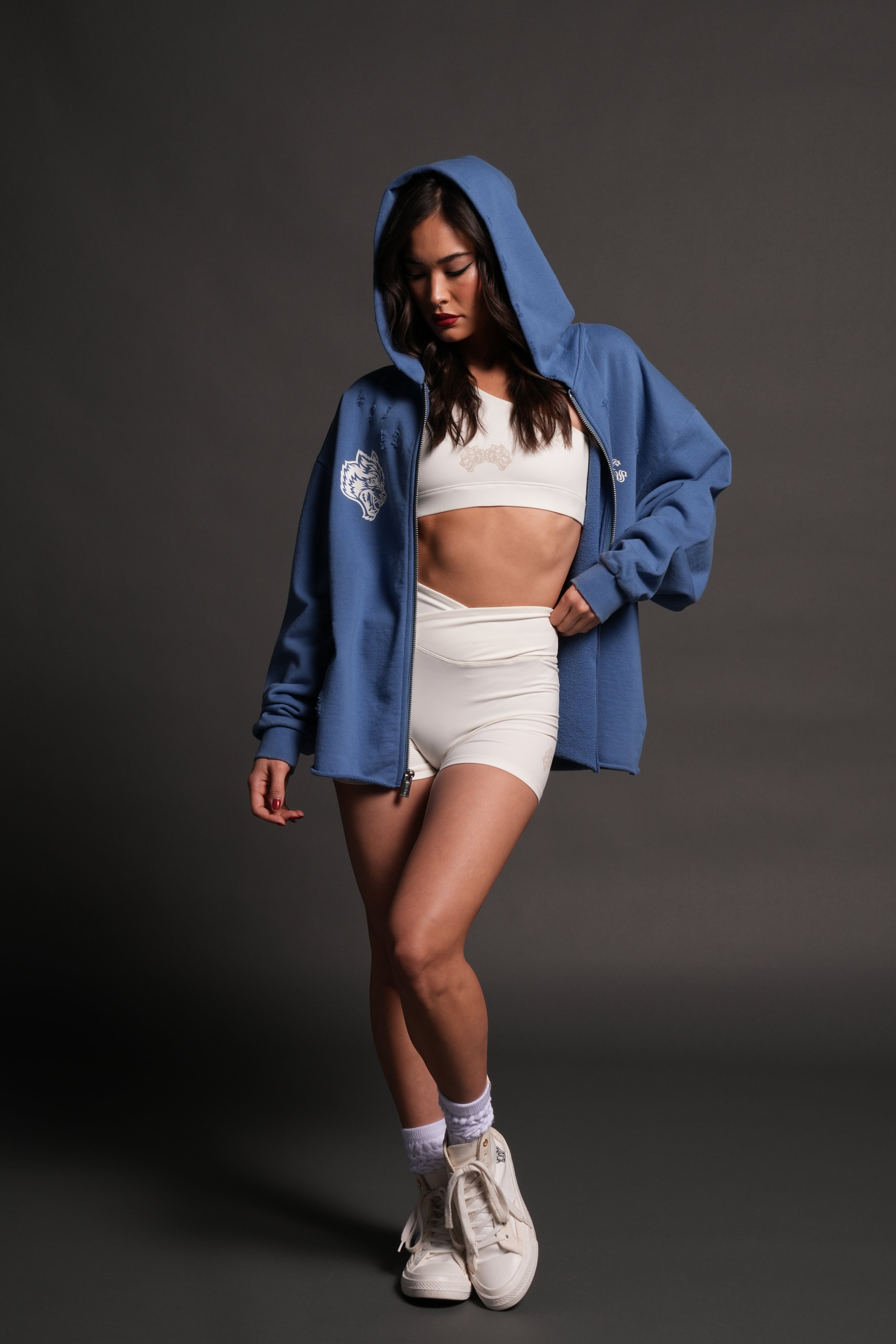 Los Cherub Distressed Grunge Mid Length Raw Hem Zip Hoodie in La Blue