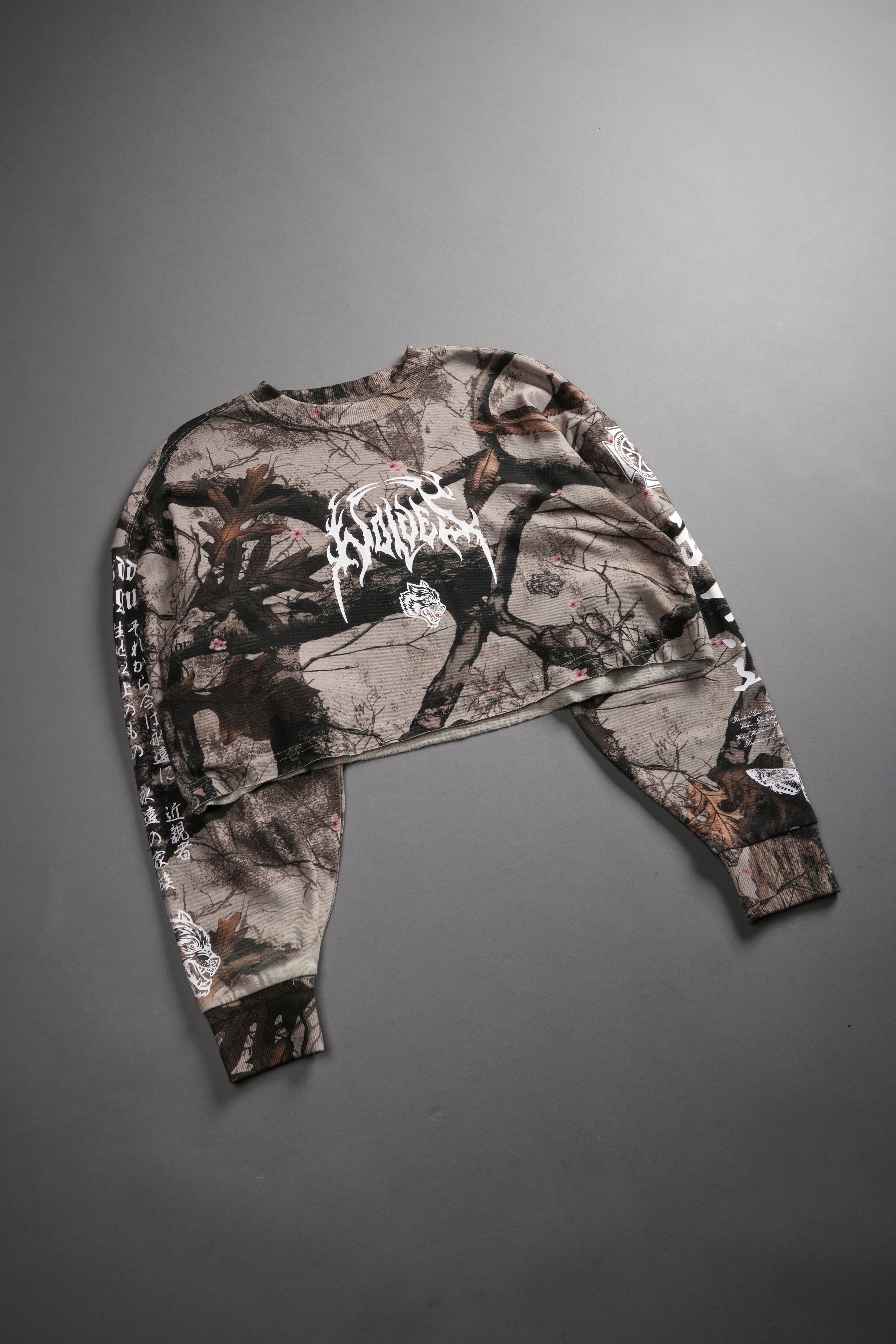 Hesh Kanji "Premium" Oversized Cropped L/S Tee in Cherry Blossom Woodland Camo