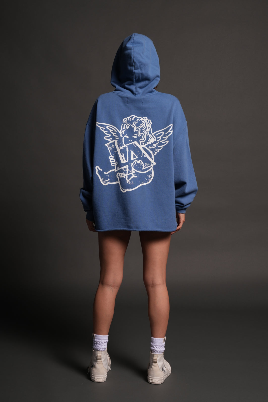 Los Cherub Distressed Grunge Mid Length Raw Hem Zip Hoodie in La Blue