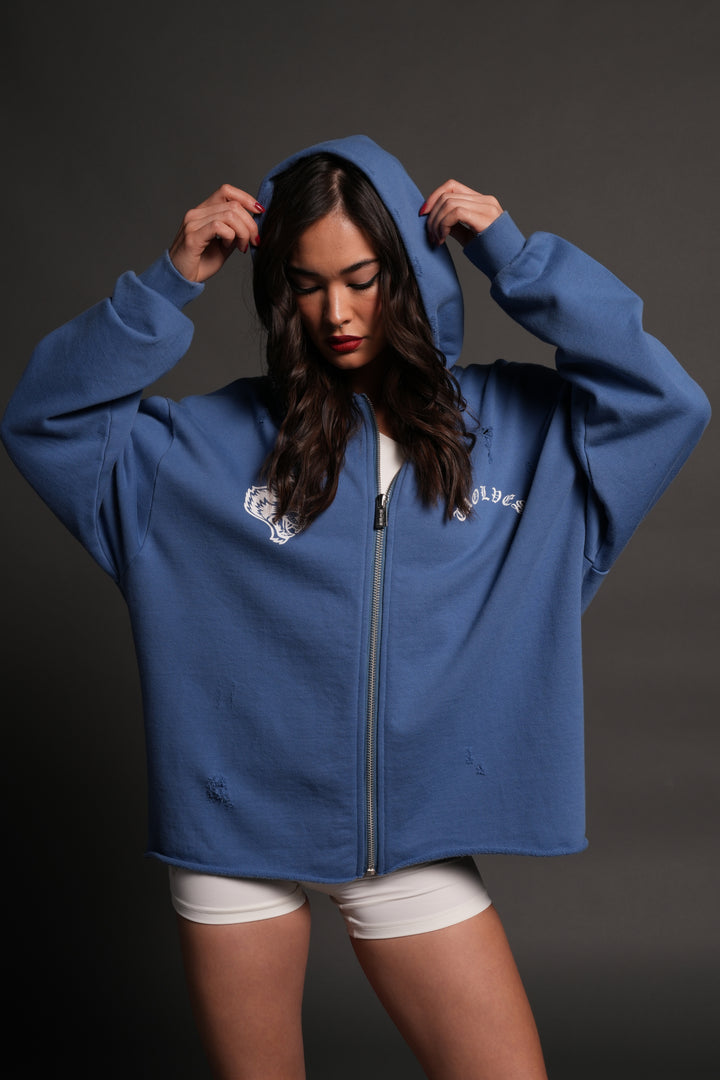 Los Cherub Distressed Grunge Mid Length Raw Hem Zip Hoodie in La Blue