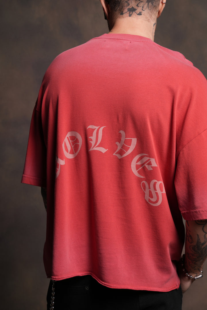 Our Clubs Premium Unisex Raw Hem "Box Cut" Tee in Roman Red Drift Wash