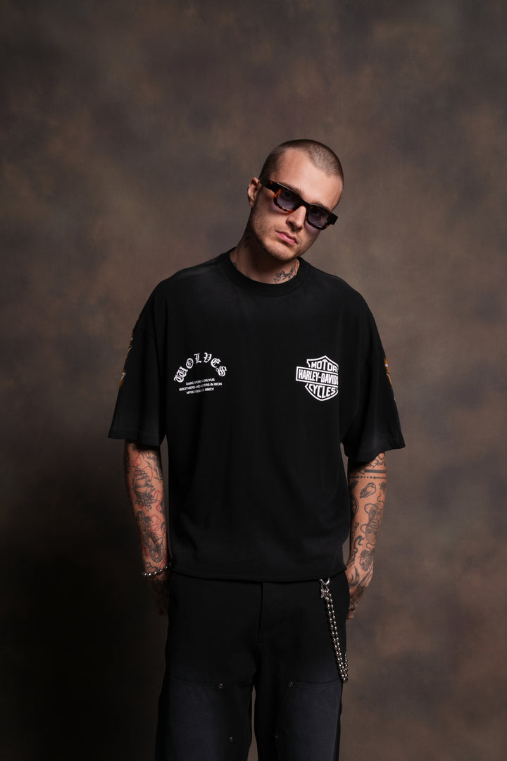 Iron Lightning Premium Unisex Raw Hem "Box Cut" Tee in Black Sun Fade