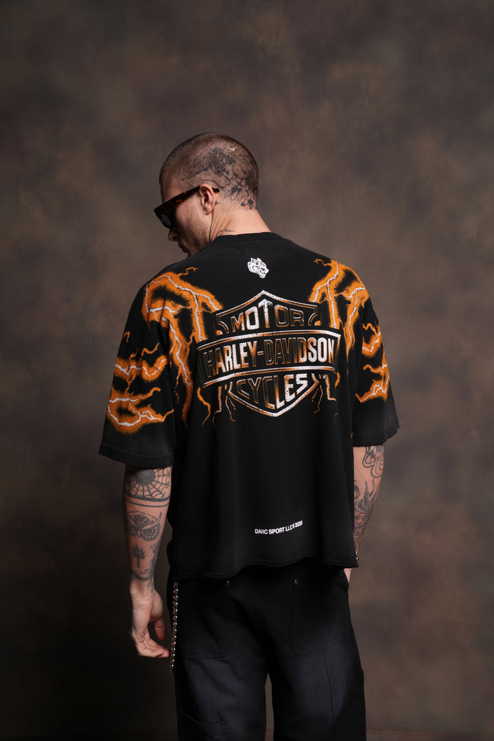 Iron Lightning Premium Unisex Raw Hem "Box Cut" Tee in Black Sun Fade