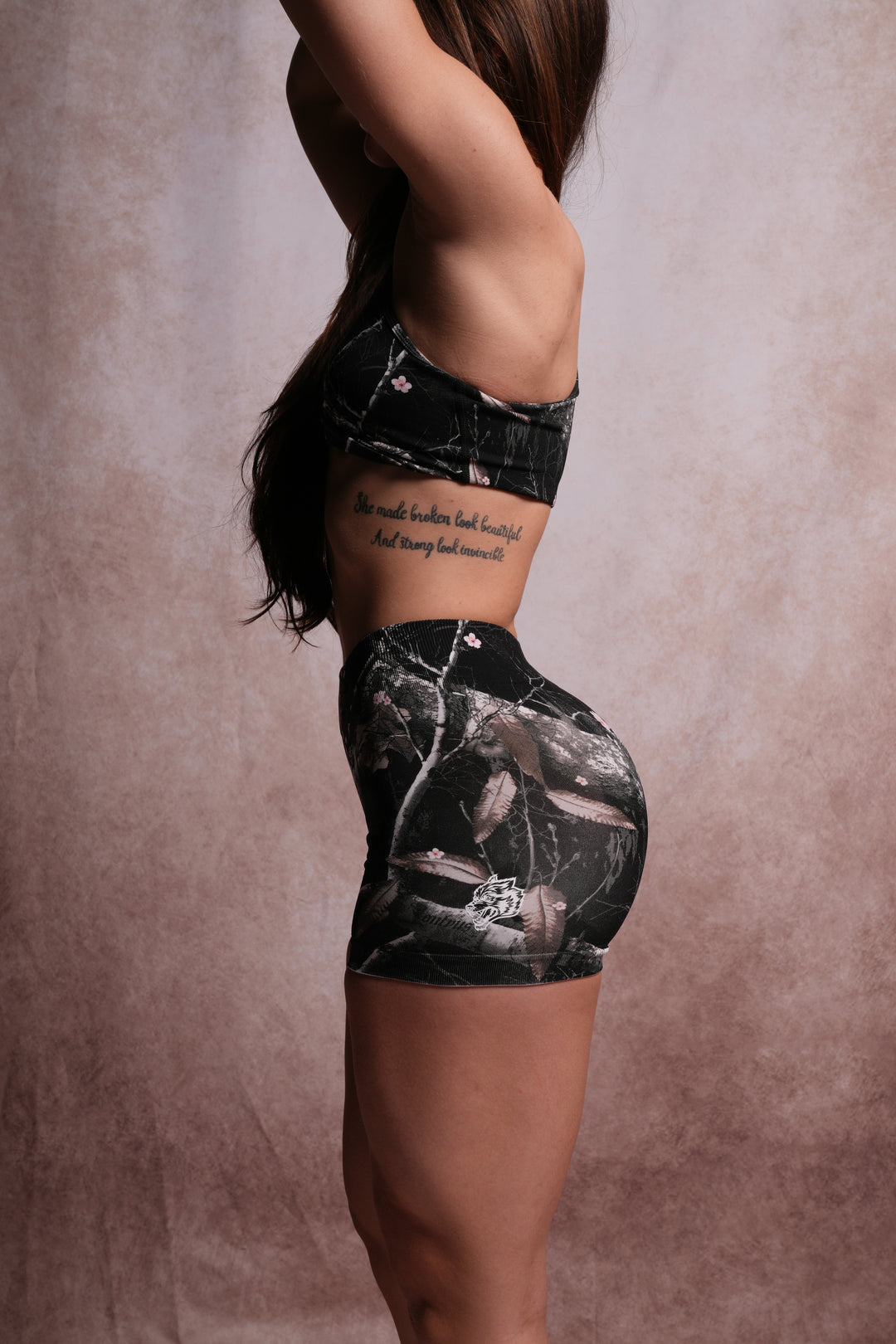 Dual Wolf Everson Seamless "Katya" Shorts in Darc Blossom Woodland Camo