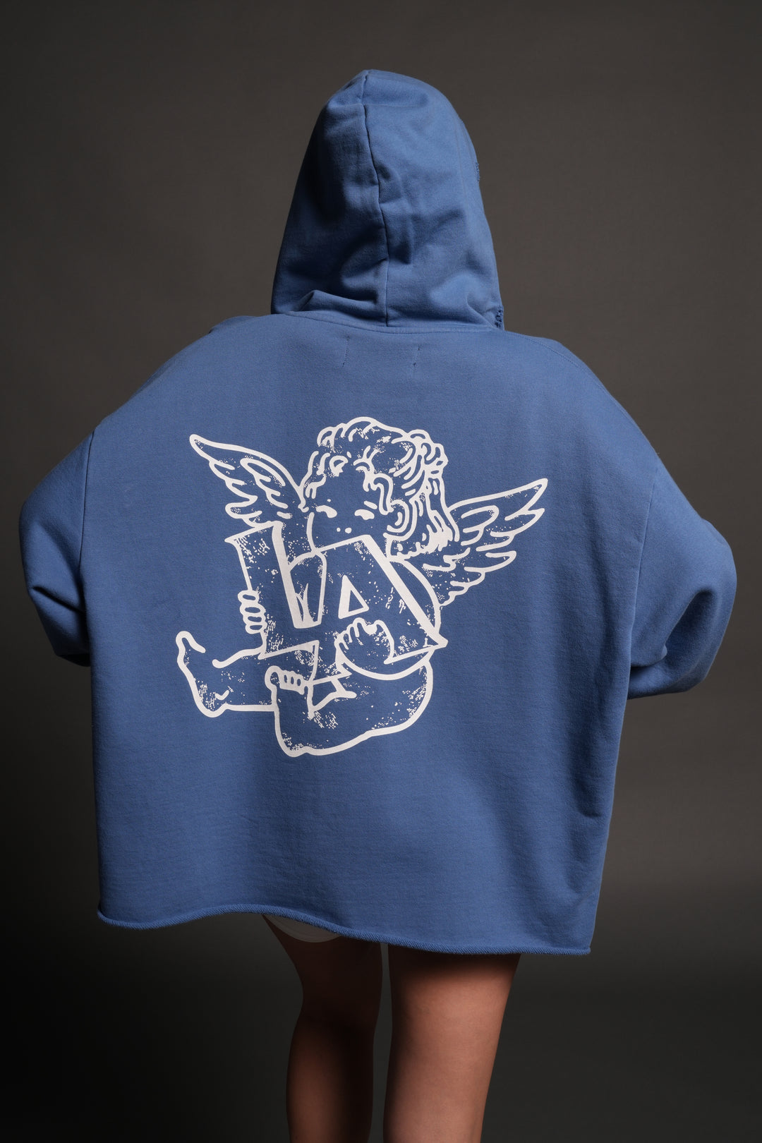 Los Cherub Distressed Grunge Mid Length Raw Hem Zip Hoodie in La Blue