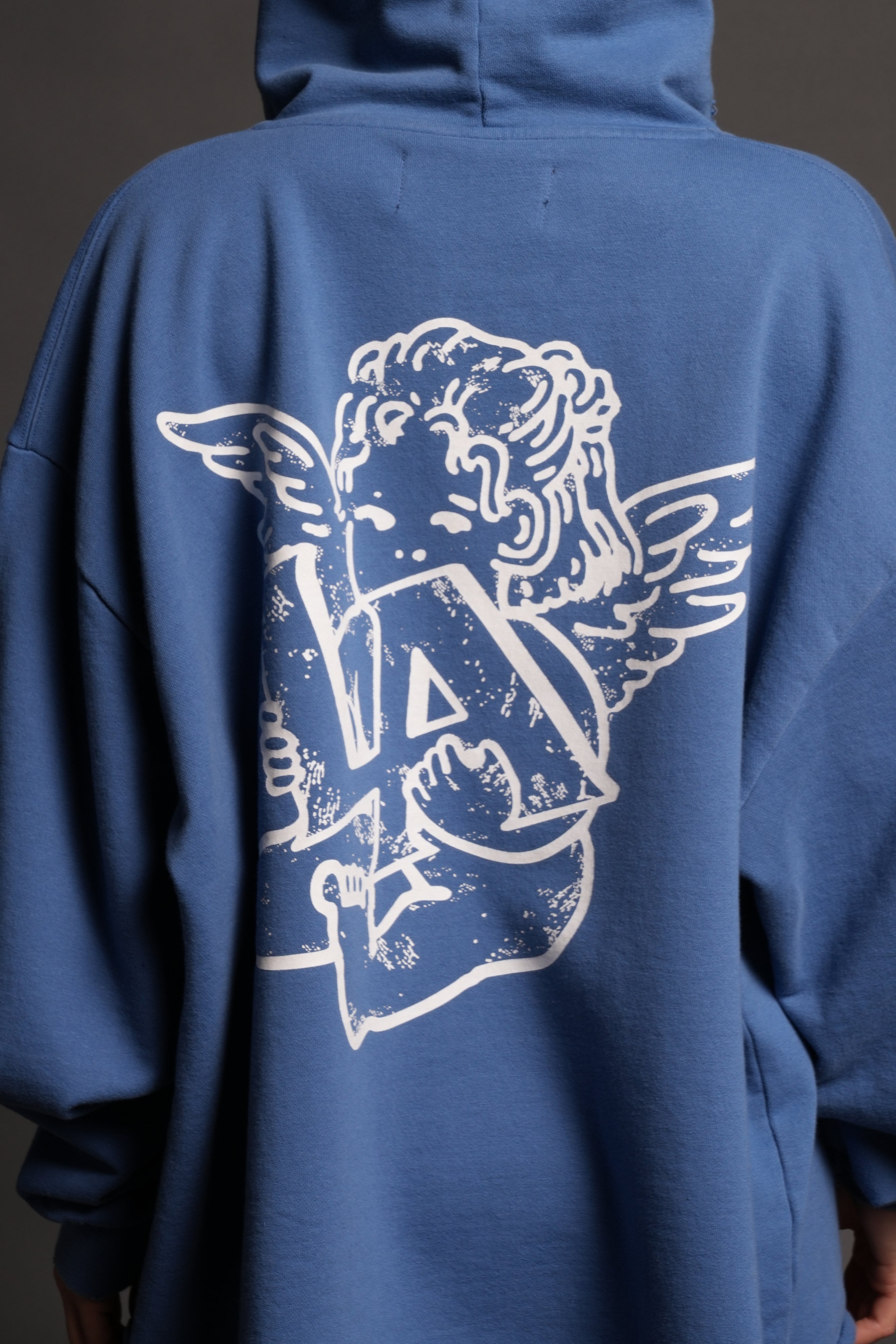 Los Cherub Distressed Grunge Mid Length Raw Hem Zip Hoodie in La Blue