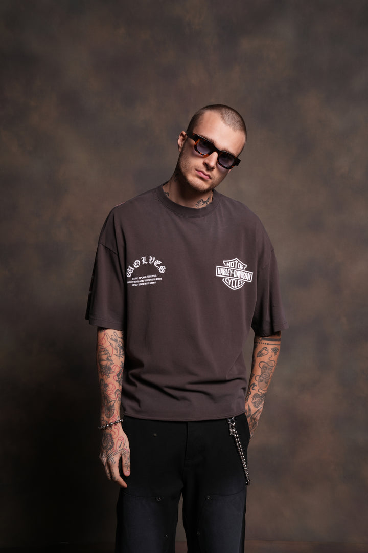 Iron Lightning Premium Unisex Raw Hem "Box Cut" Tee in Darc Brown Drift Wash