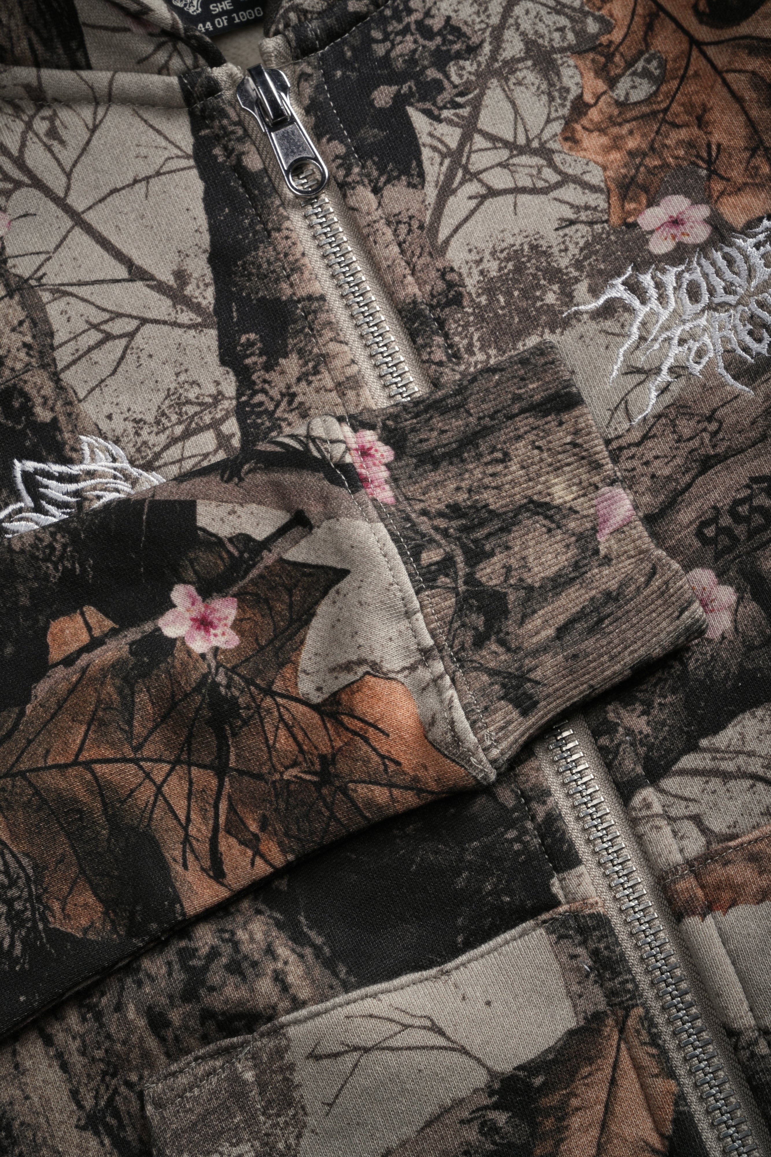 Moth Kanji "Iris" Zip Up Hoodie in Cherry Blossom Woodland Camo