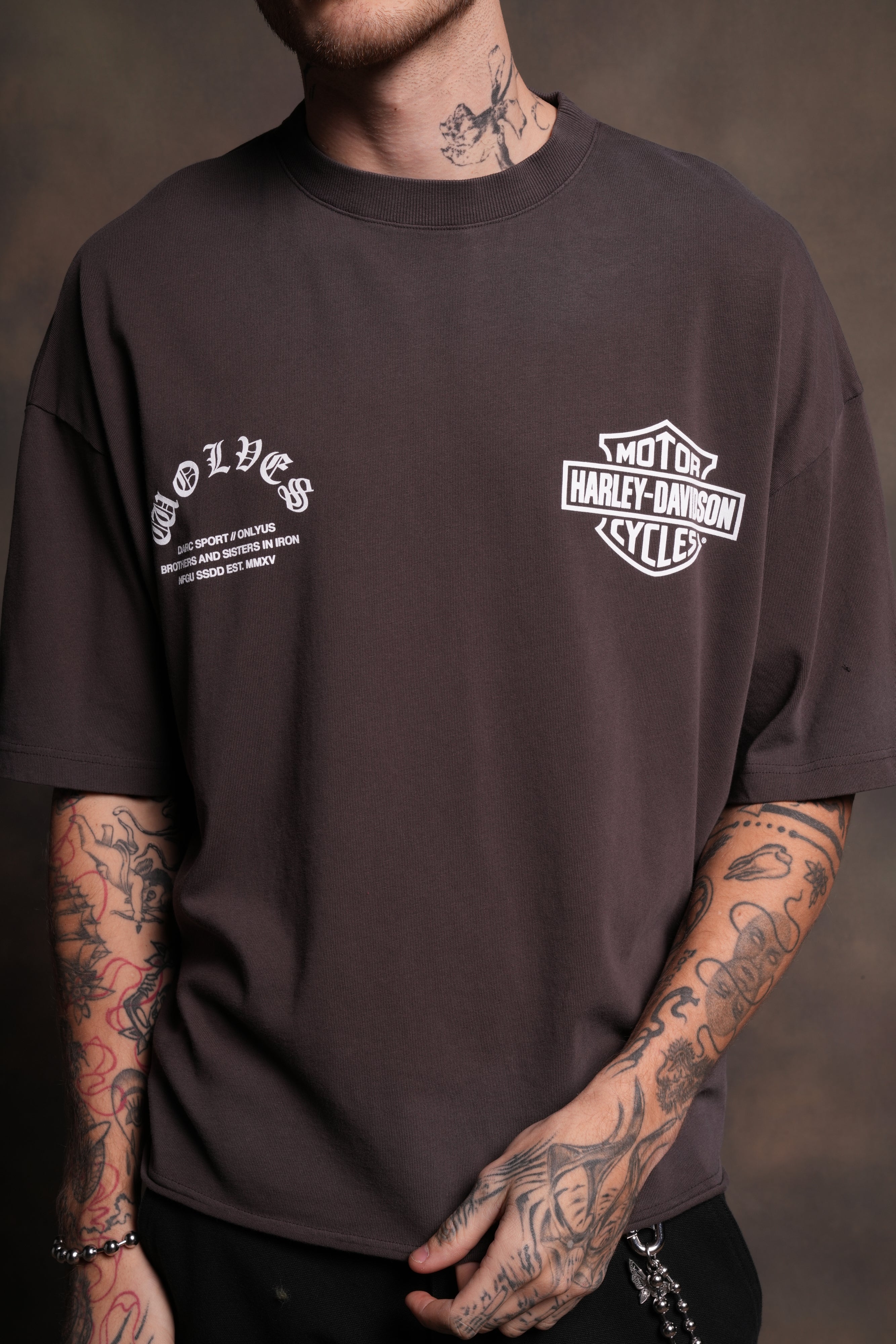 Iron Lightning Premium Unisex Raw Hem "Box Cut" Tee in Darc Brown Drift Wash