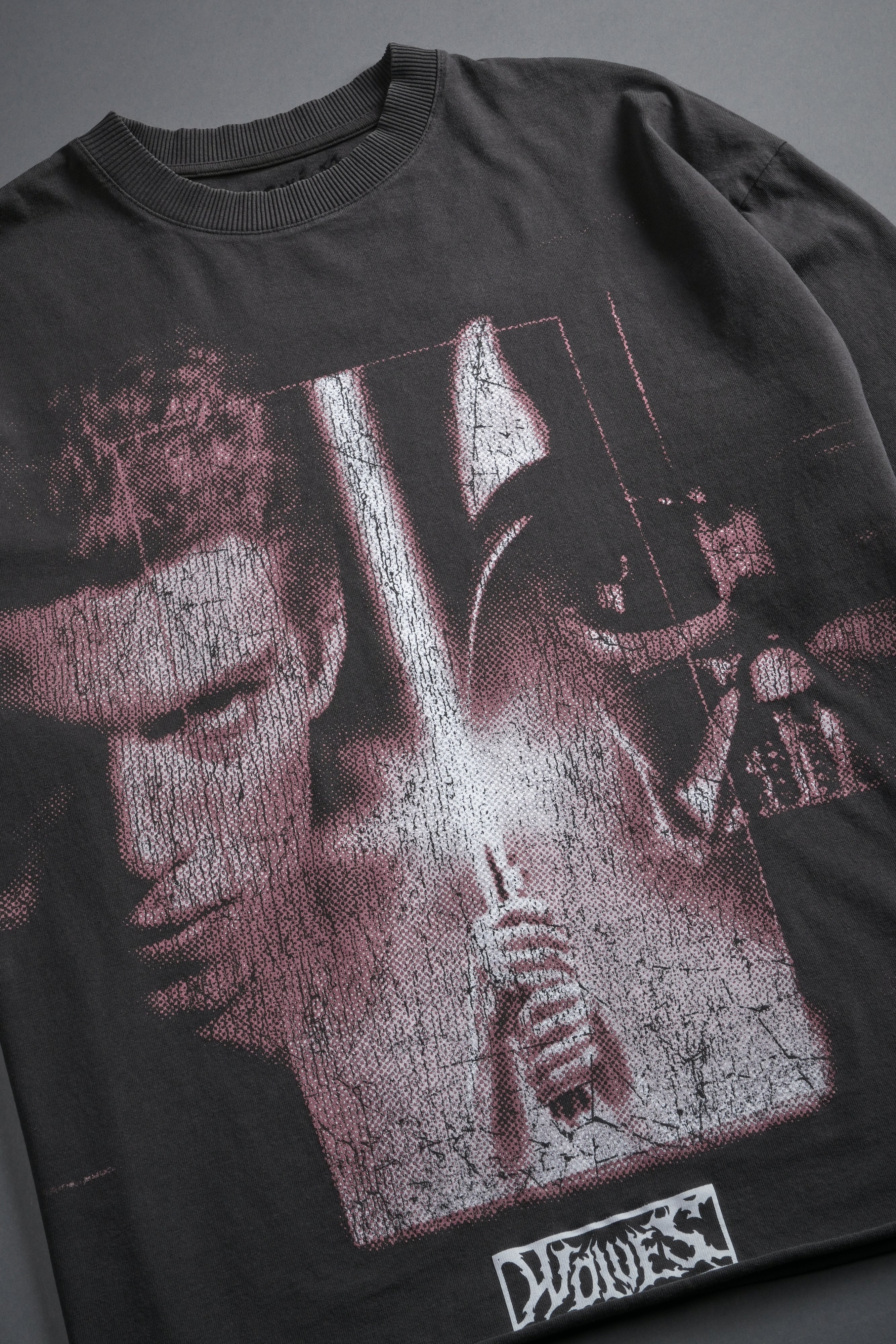 Awakened Power Grunge Mid Length Raw Hem Tee in Wolf Gray