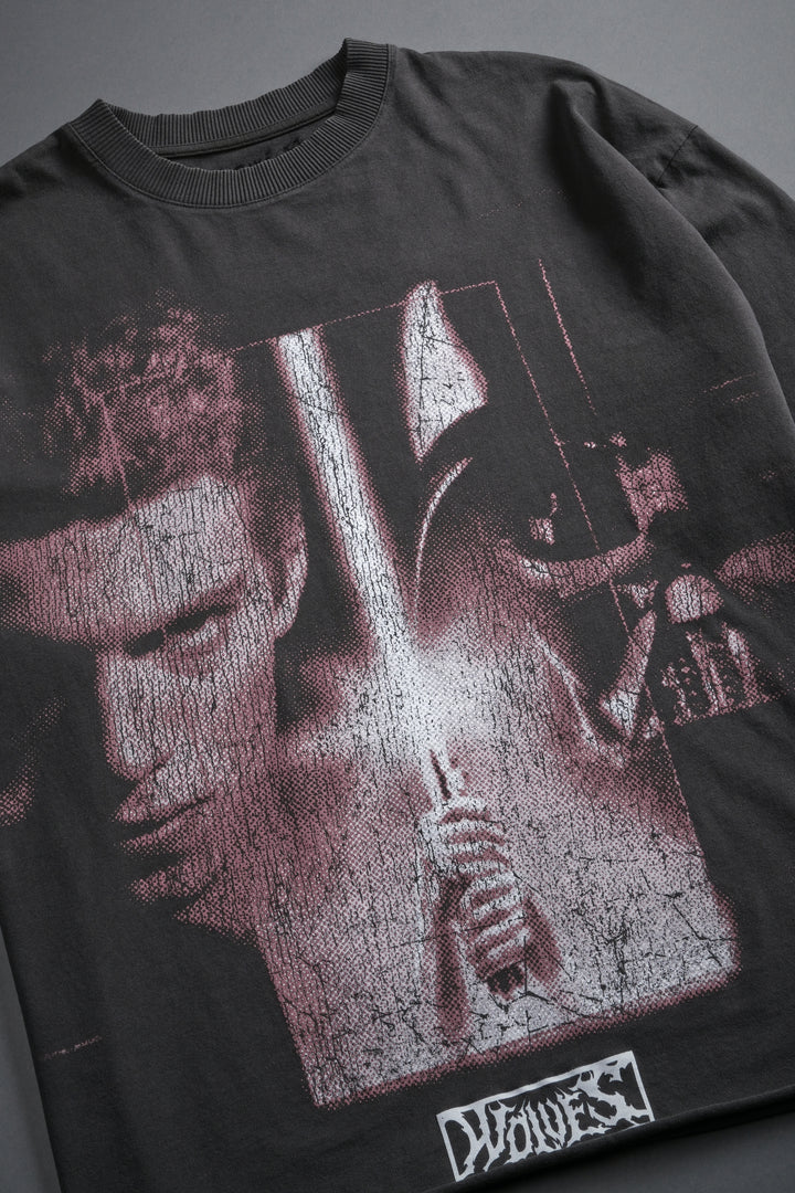 Awakened Power Grunge Mid Length Raw Hem Tee in Wolf Gray