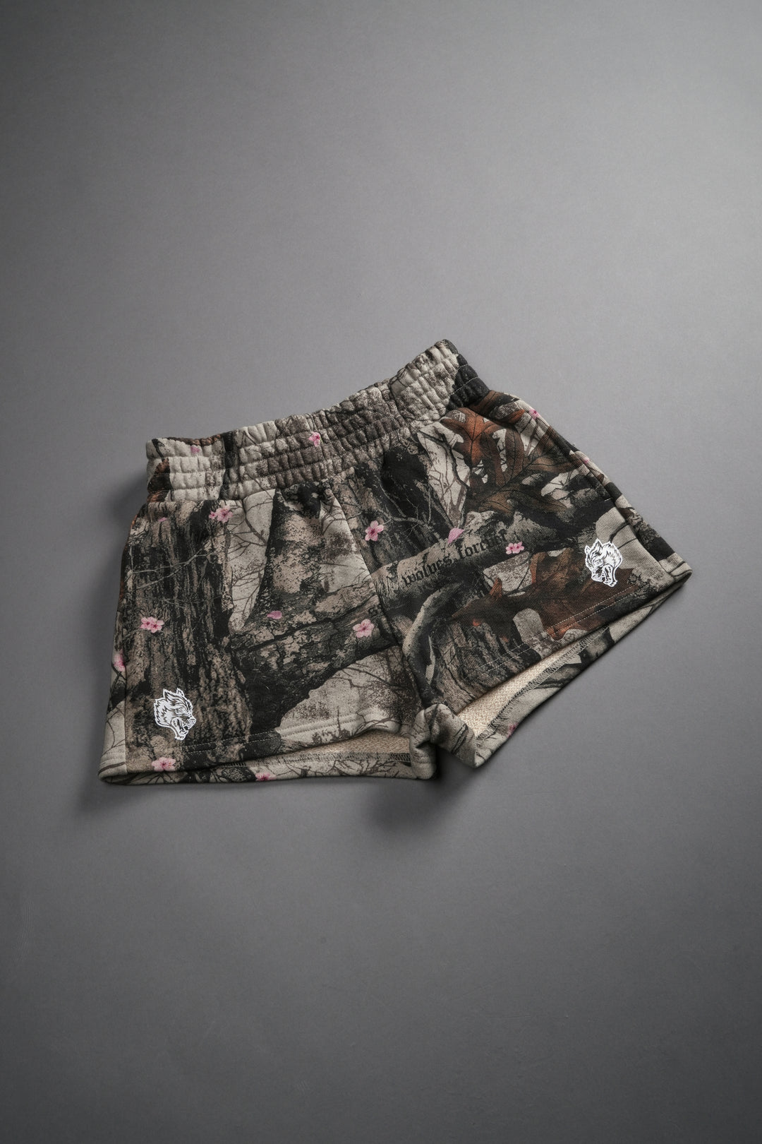 Chopper Appliqué Everson Sweat Shorts in Cherry Blossom Woodland Camo