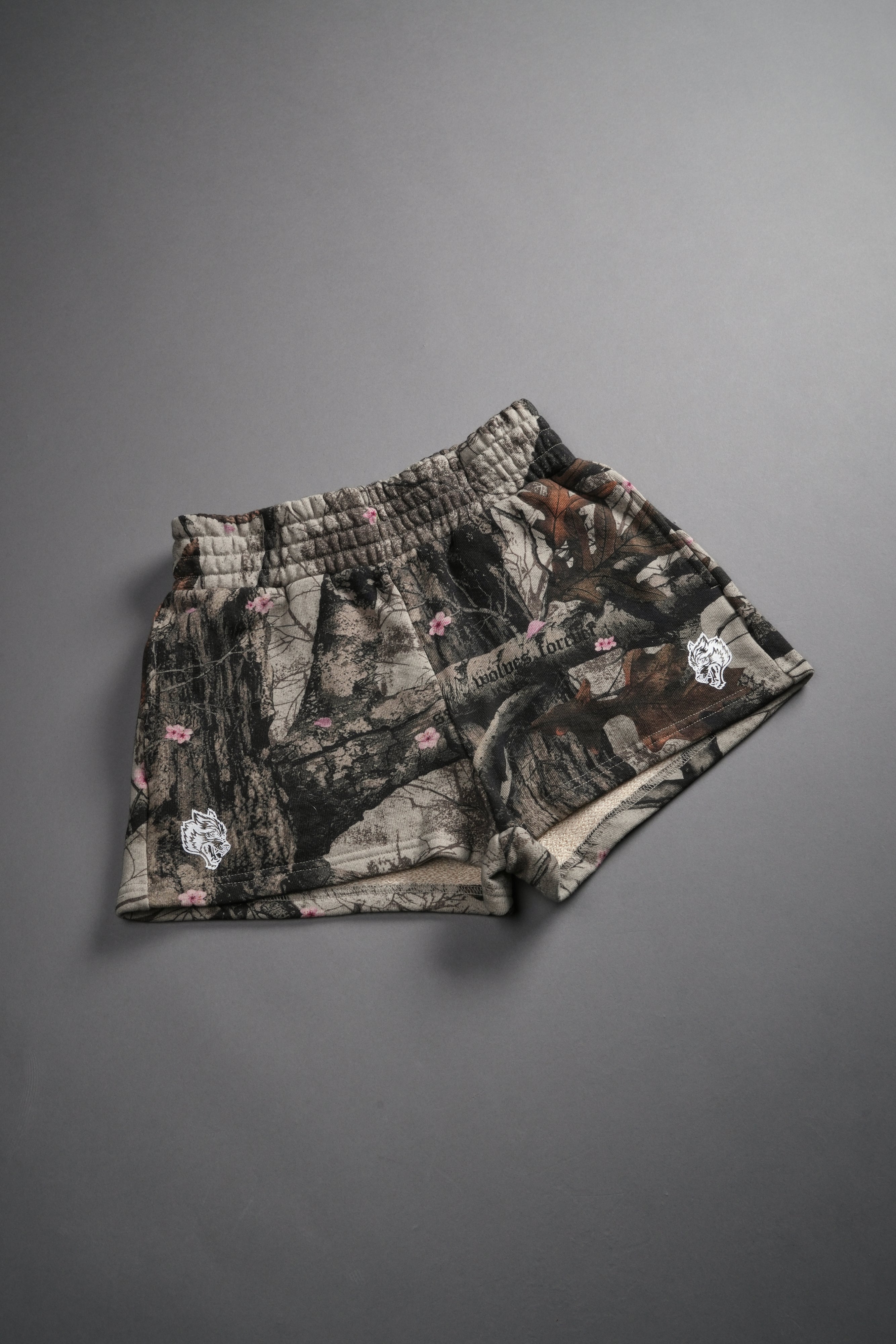 Chopper Appliqué Everson Sweat Shorts in Cherry Blossom Woodland Camo