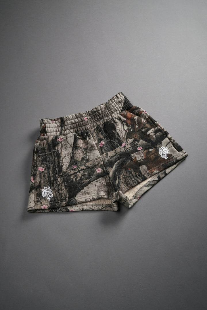 Chopper Appliqué Everson Sweat Shorts in Cherry Blossom Woodland Camo