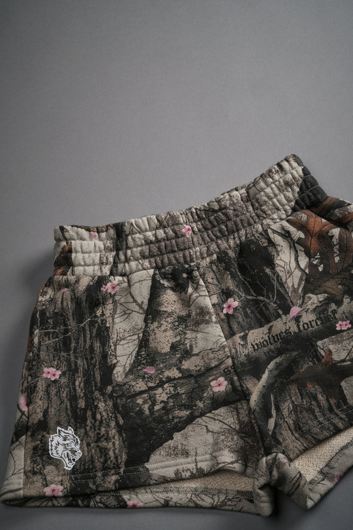 Chopper Appliqué Everson Sweat Shorts in Cherry Blossom Woodland Camo