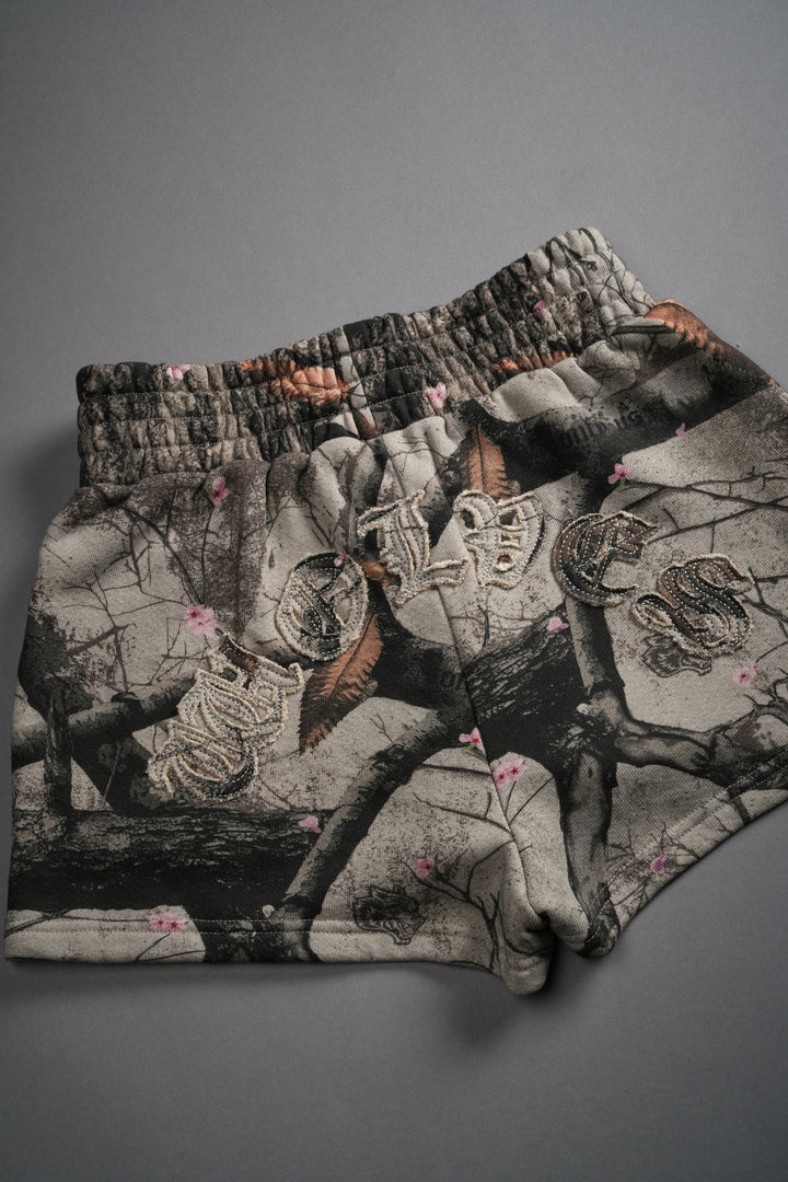 Chopper Appliqué Everson Sweat Shorts in Cherry Blossom Woodland Camo