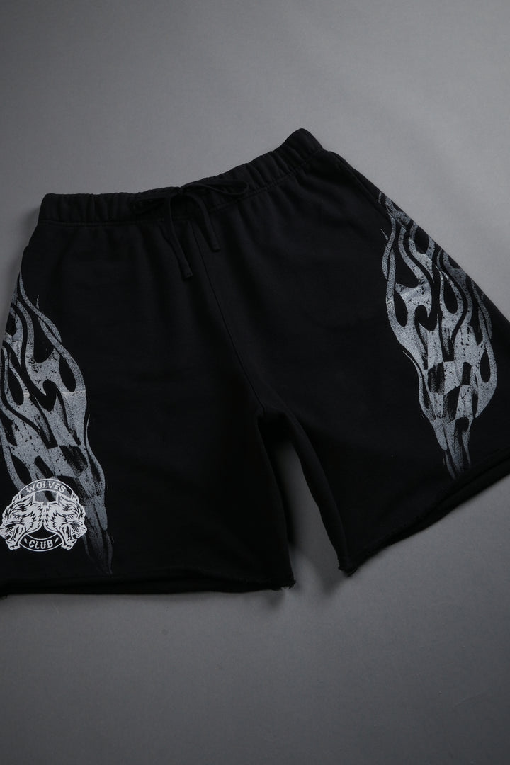 Race Inferno Grunge Oversized Raw Hem Post Lounge Sweat Shorts in Black
