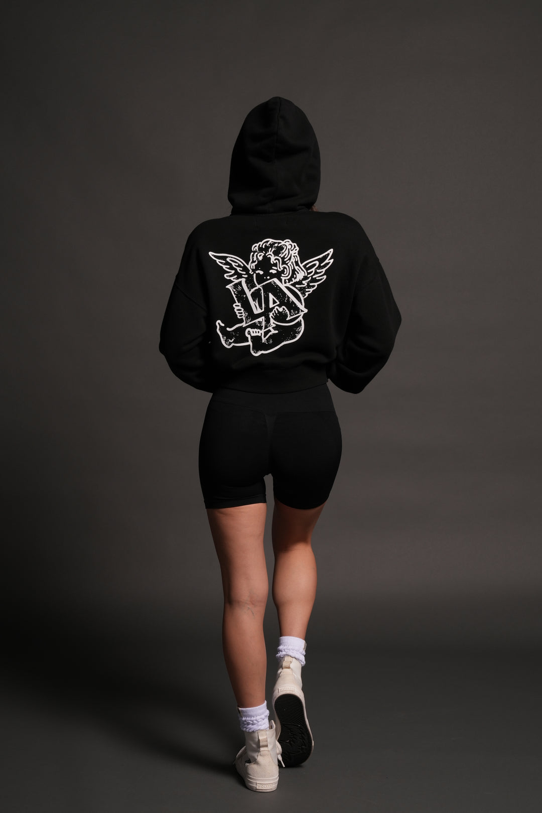 Los Cherub Distressed Grunge Mid Length Raw Hem Zip Hoodie in Black