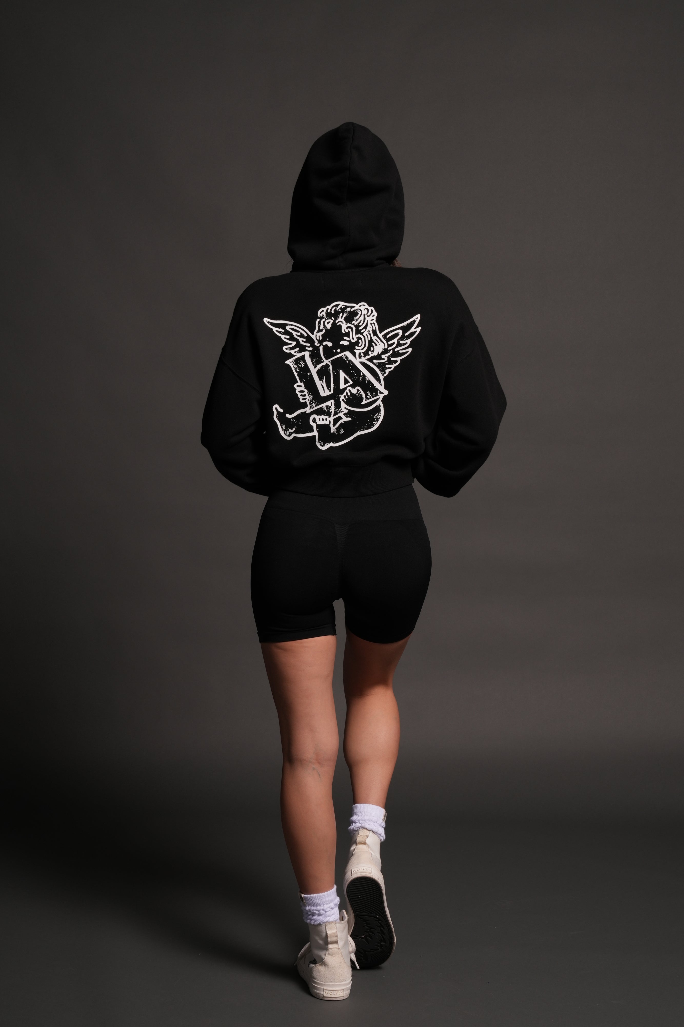 Los Cherub Distressed Grunge Mid Length Raw Hem Zip Hoodie in Black