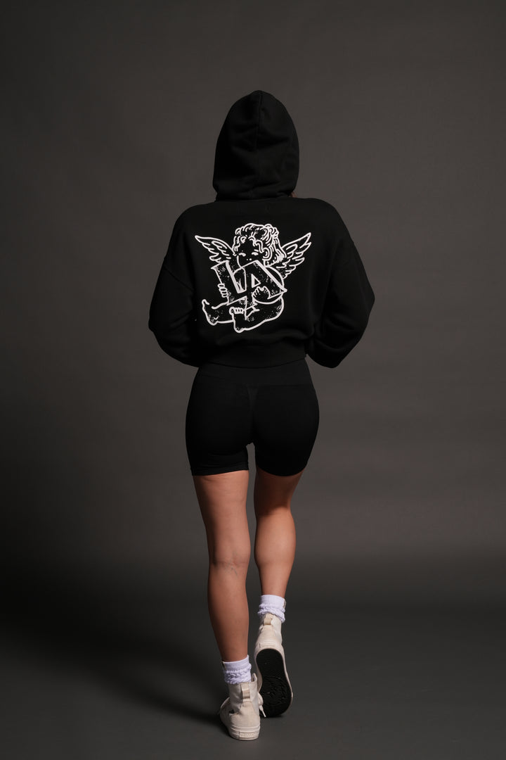 Los Cherub Distressed Grunge Mid Length Raw Hem Zip Hoodie in Black