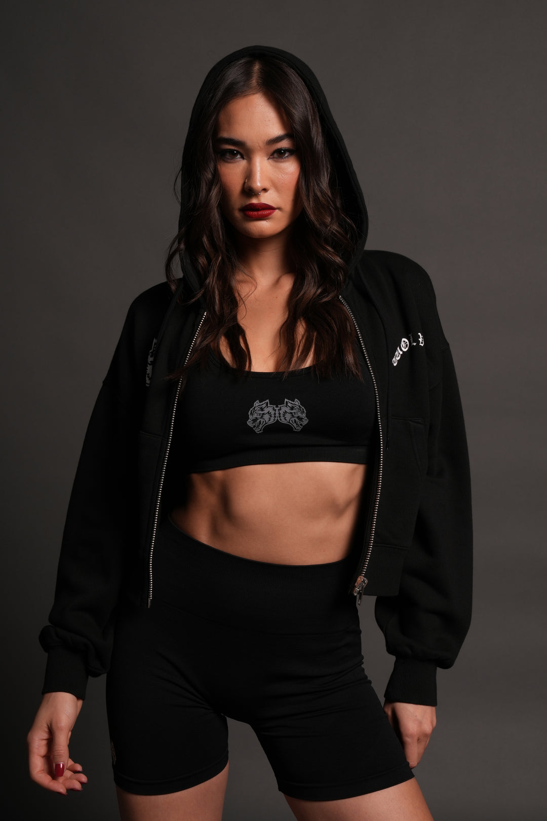Los Cherub Distressed Grunge Mid Length Raw Hem Zip Hoodie in Black