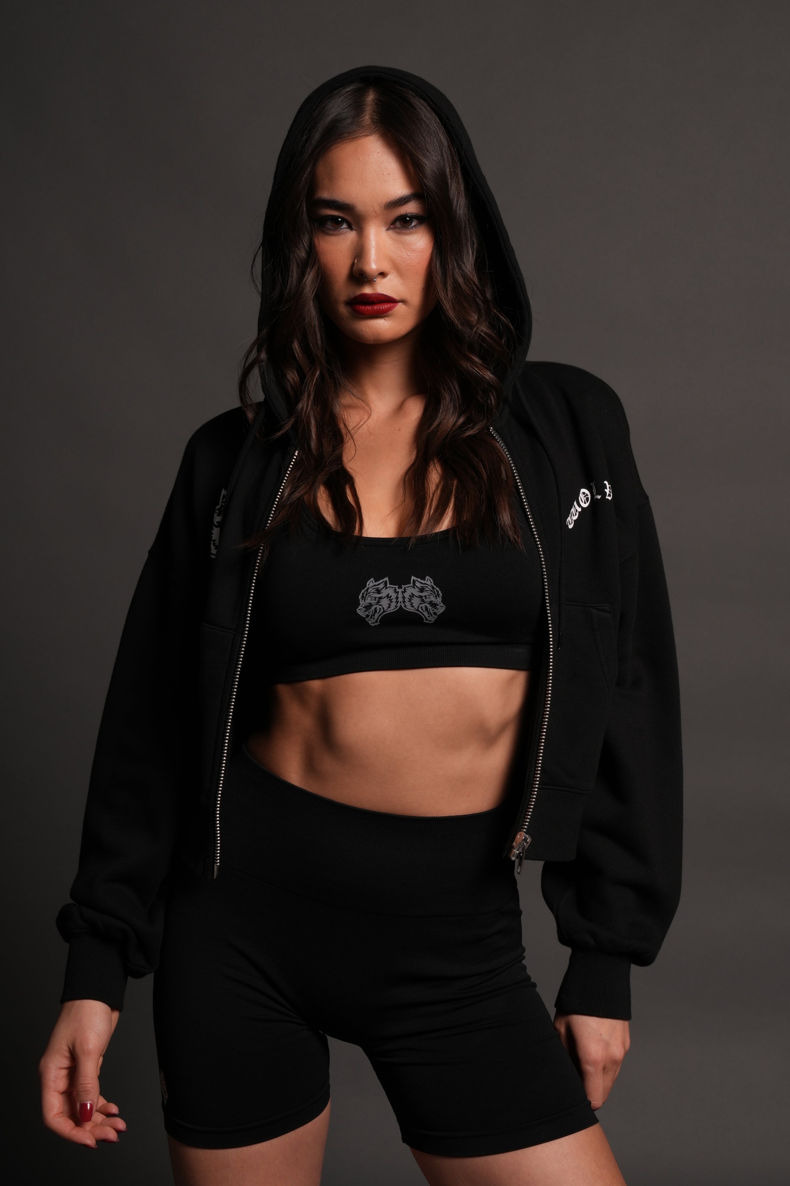 Los Cherub Distressed Grunge Mid Length Raw Hem Zip Hoodie in Black