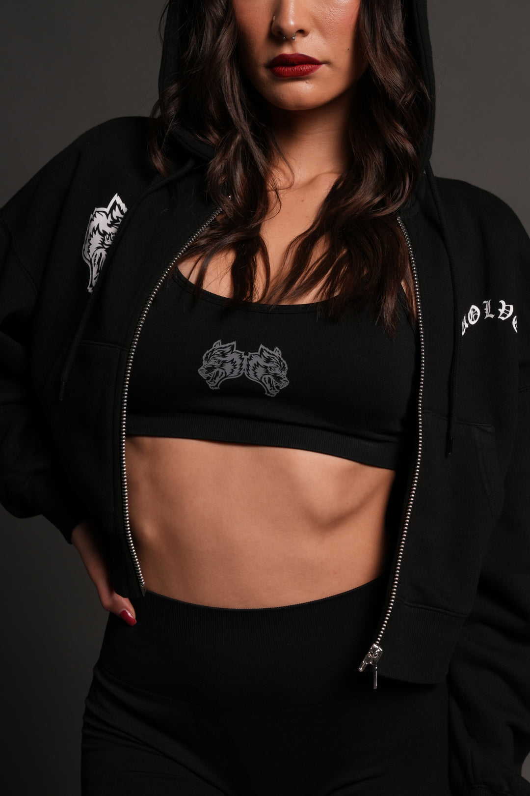 Los Cherub Distressed Grunge Mid Length Raw Hem Zip Hoodie in Black