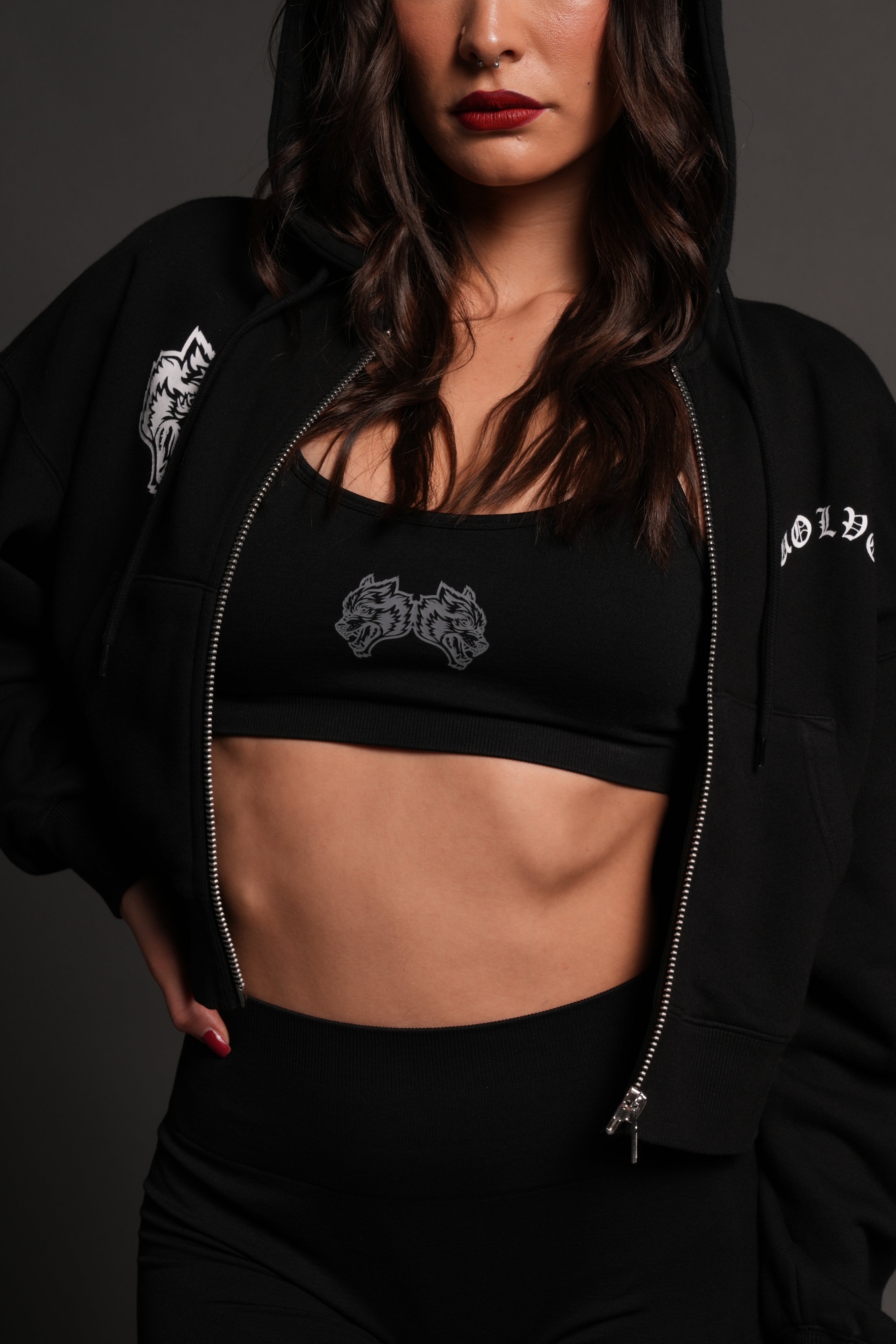 Los Cherub Distressed Grunge Mid Length Raw Hem Zip Hoodie in Black