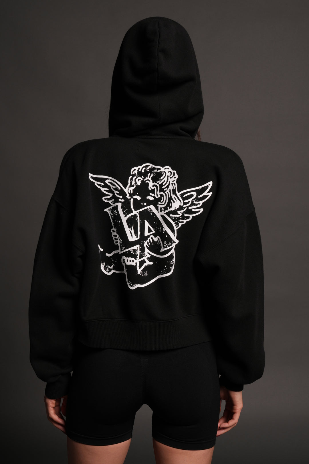 Los Cherub Distressed Grunge Mid Length Raw Hem Zip Hoodie in Black