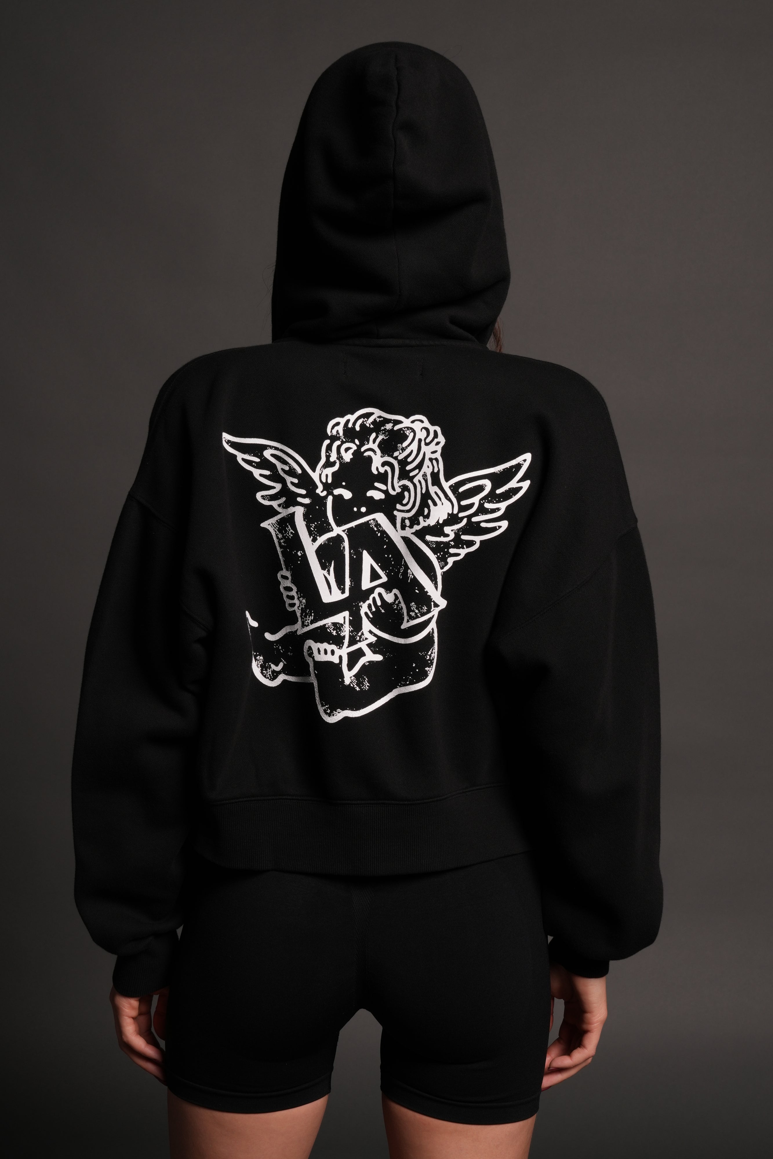 Los Cherub Distressed Grunge Mid Length Raw Hem Zip Hoodie in Black