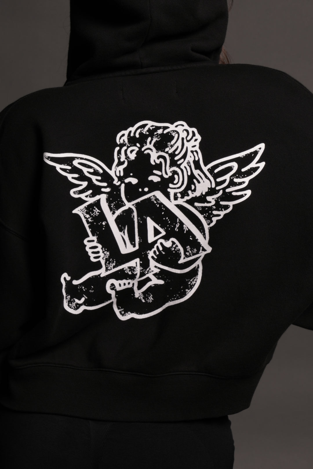 Los Cherub Distressed Grunge Mid Length Raw Hem Zip Hoodie in Black
