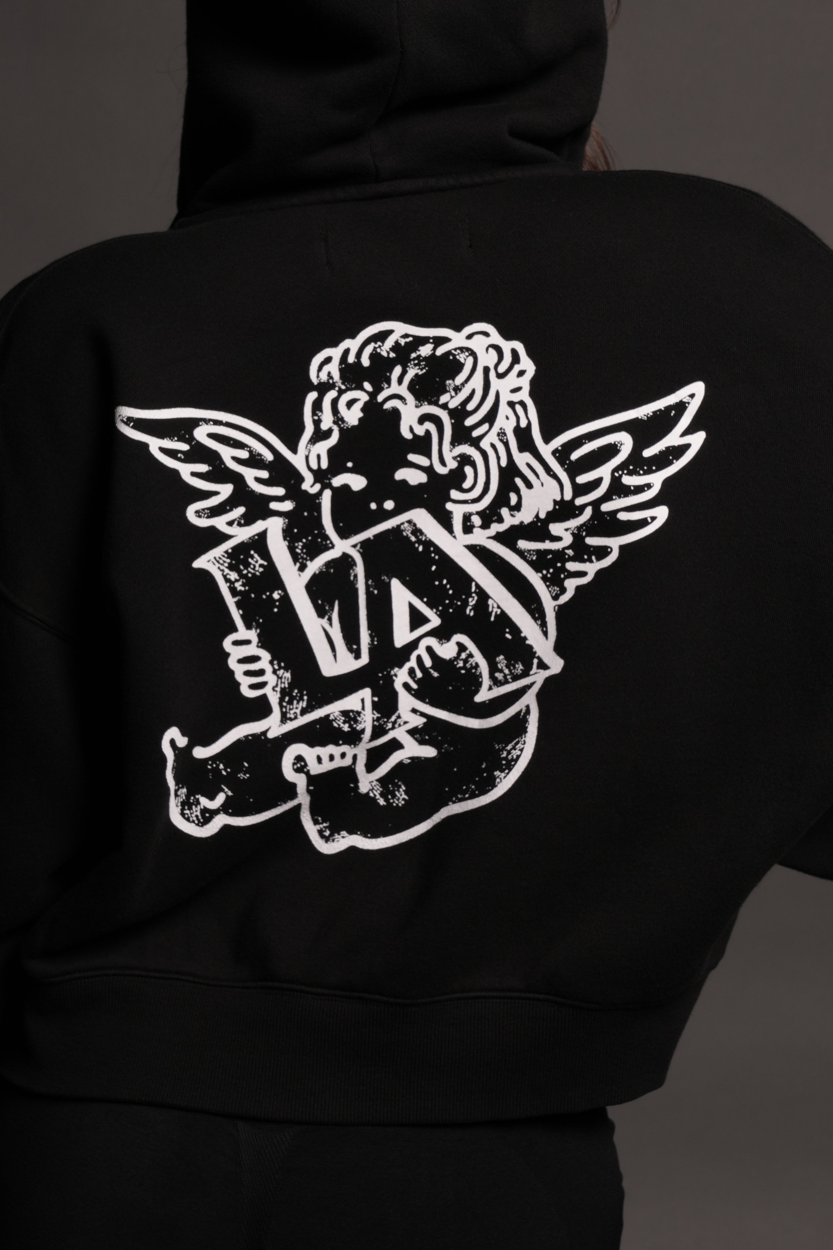 Los Cherub Distressed Grunge Mid Length Raw Hem Zip Hoodie in Black