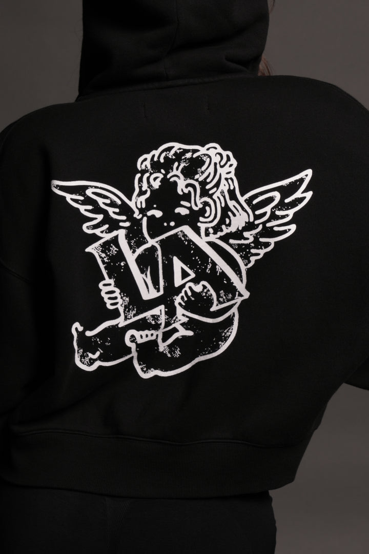 Los Cherub Distressed Grunge Mid Length Raw Hem Zip Hoodie in Black