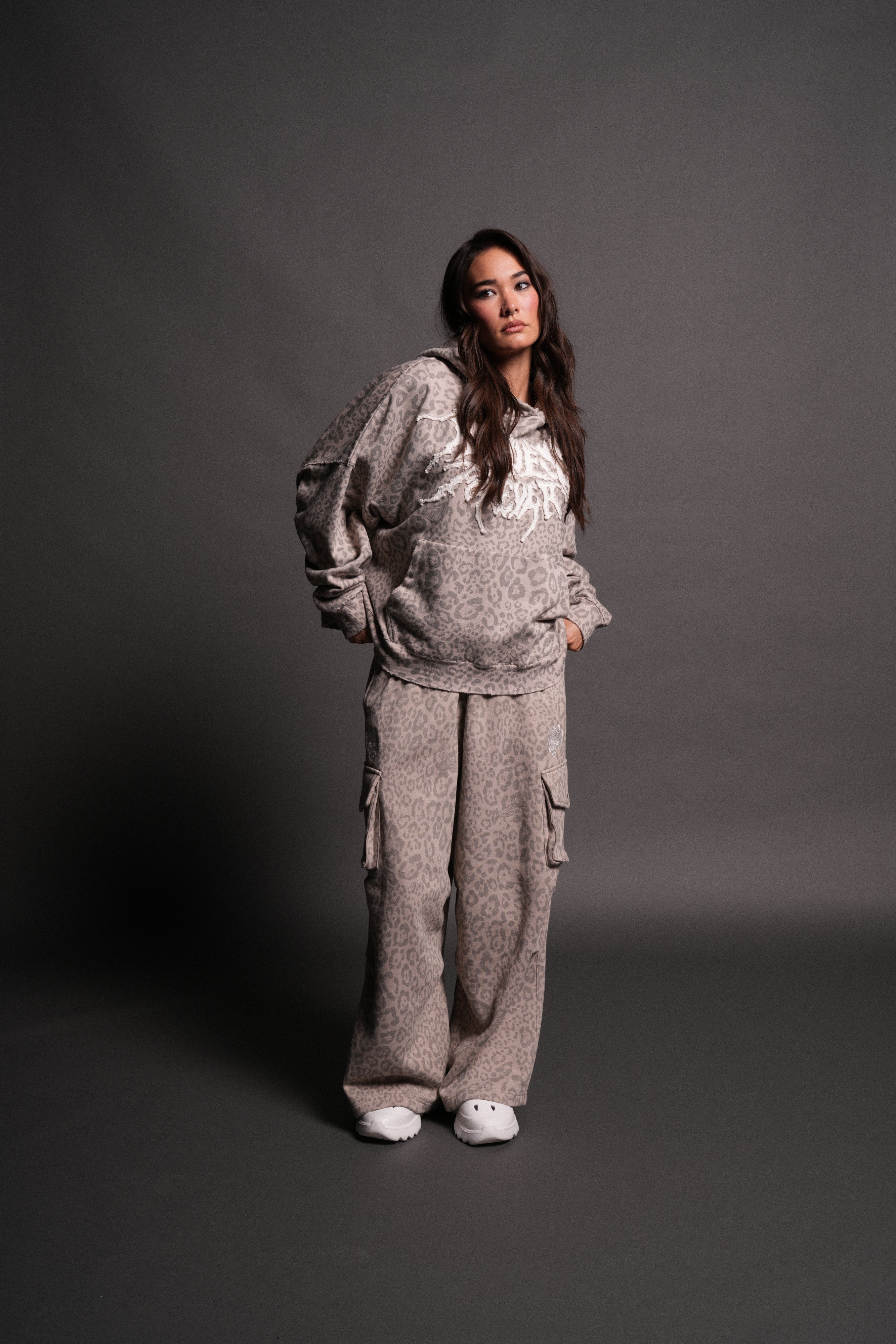 Forged From Iron Applique Destroyed Grunge Gage Box Cut Hoodie in Clay Leopard