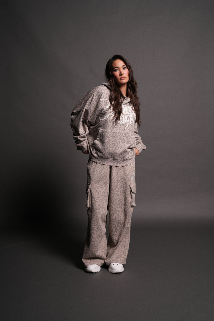 Forged From Iron Applique Destroyed Grunge Gage Box Cut Hoodie in Clay Leopard