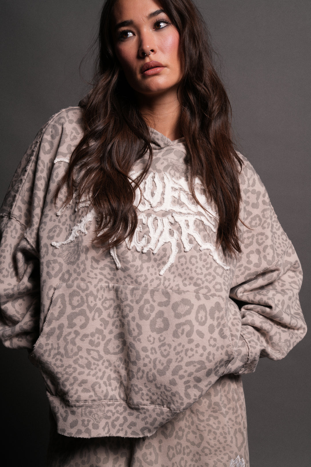Forged From Iron Applique Destroyed Grunge Gage Box Cut Hoodie in Clay Leopard