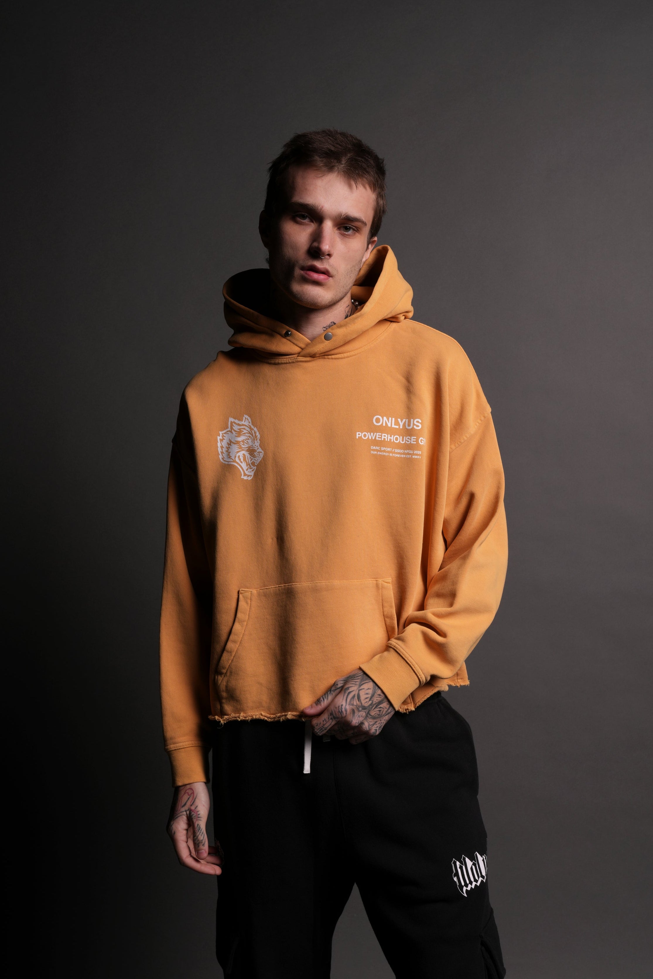 Only Us Gym Raw Hem "Box Cut" Pierce Hoodie in Golden Yellow