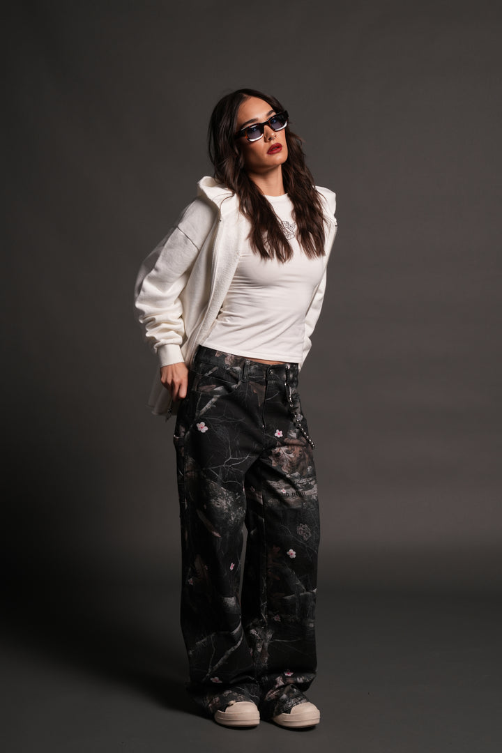 Los Cherub Distressed Grunge Mid Length Raw Hem Zip Hoodie in Cream