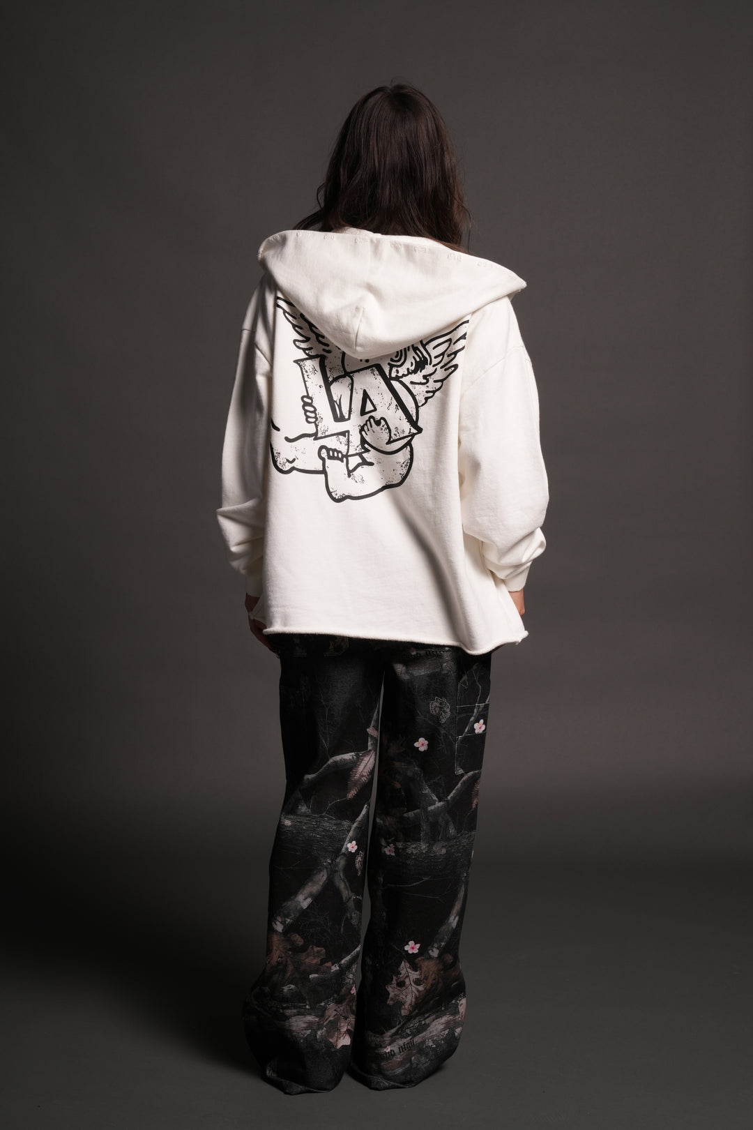 Los Cherub Distressed Grunge Mid Length Raw Hem Zip Hoodie in Cream