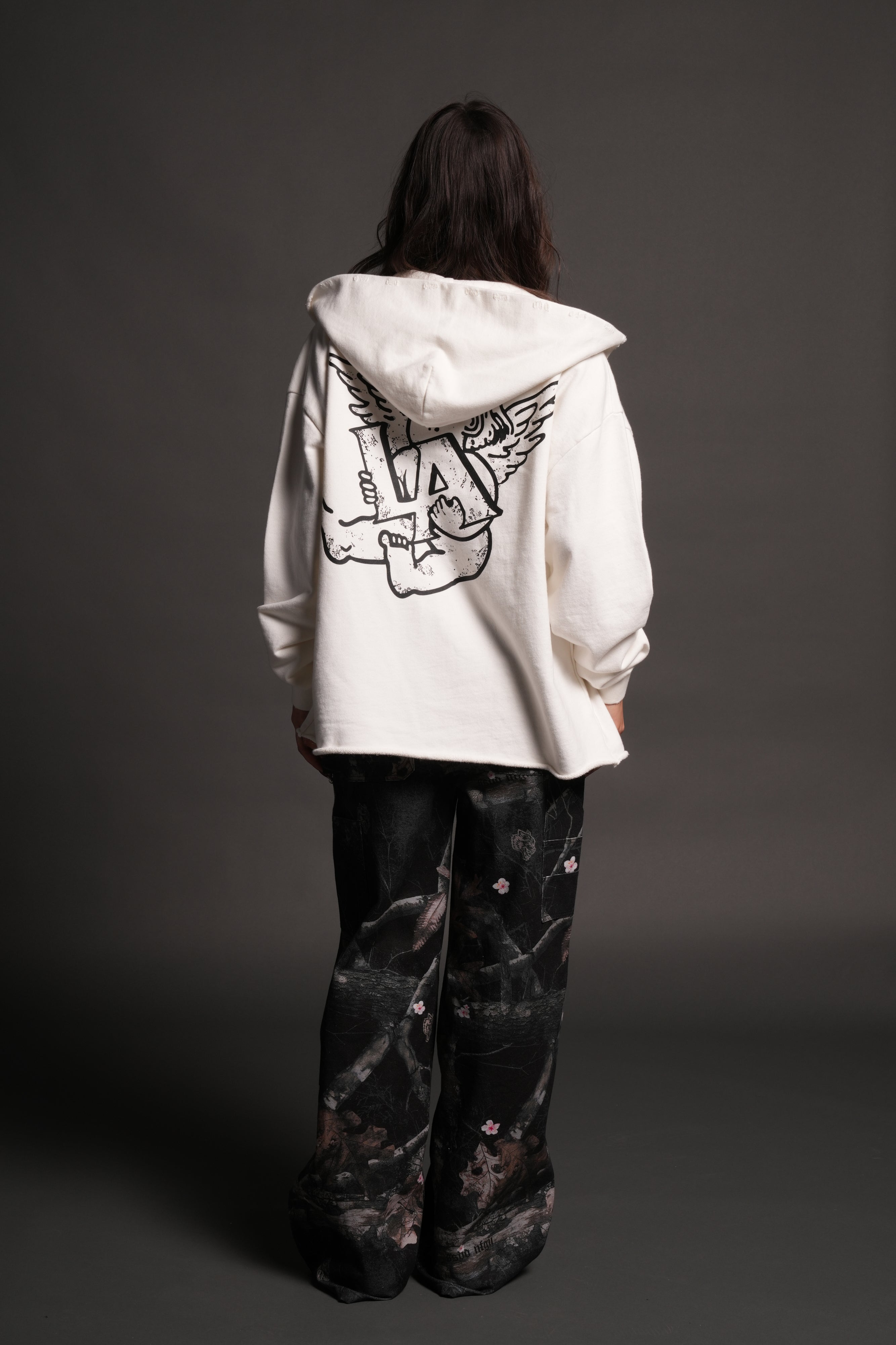 Los Cherub Distressed Grunge Mid Length Raw Hem Zip Hoodie in Cream