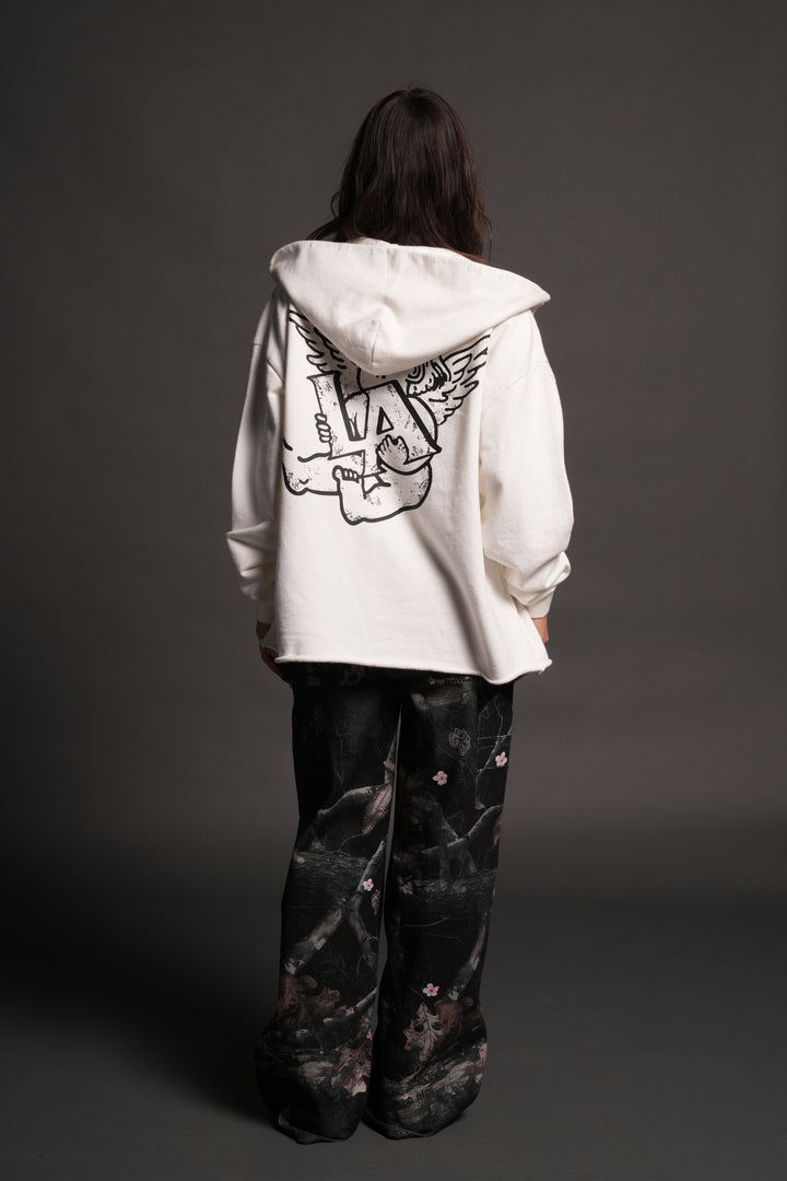 Los Cherub Distressed Grunge Mid Length Raw Hem Zip Hoodie in Cream