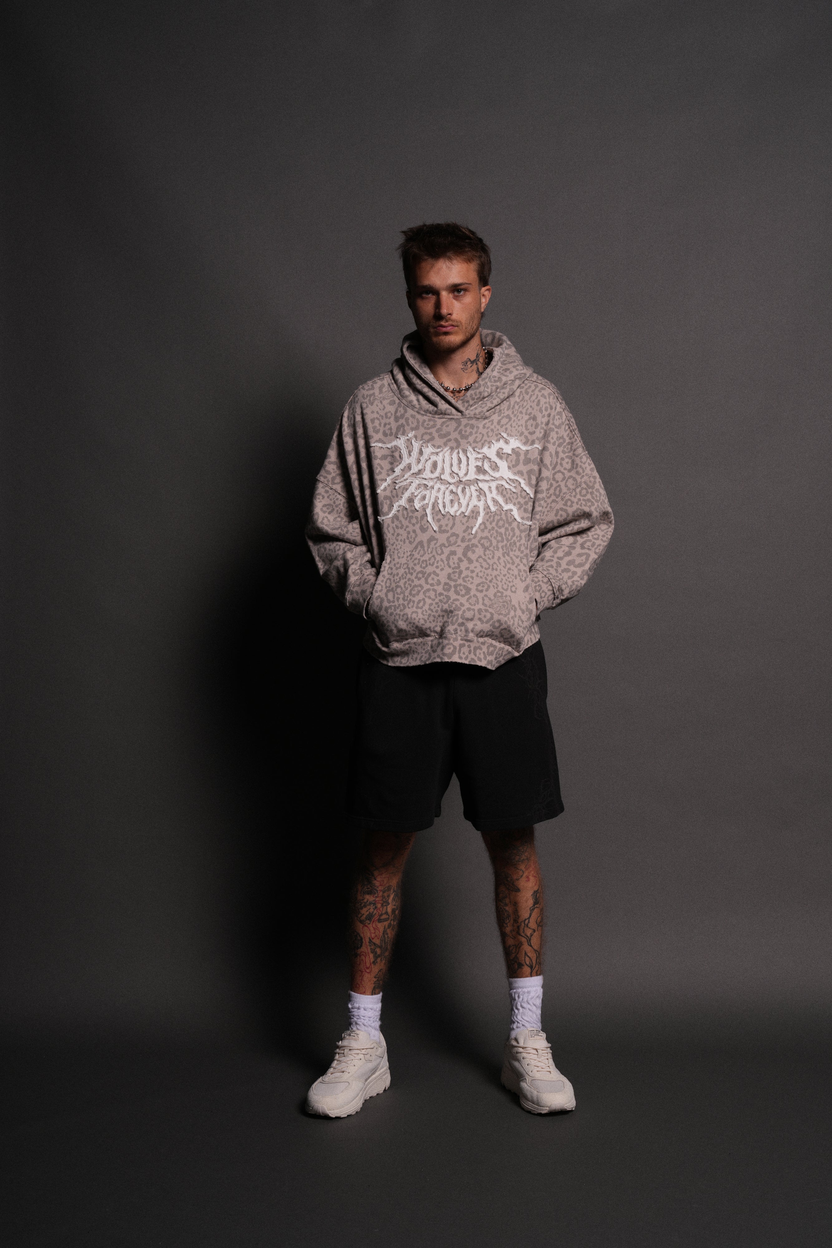 Forged From Iron Applique Destroyed Grunge Gage Box Cut Hoodie in Clay Leopard